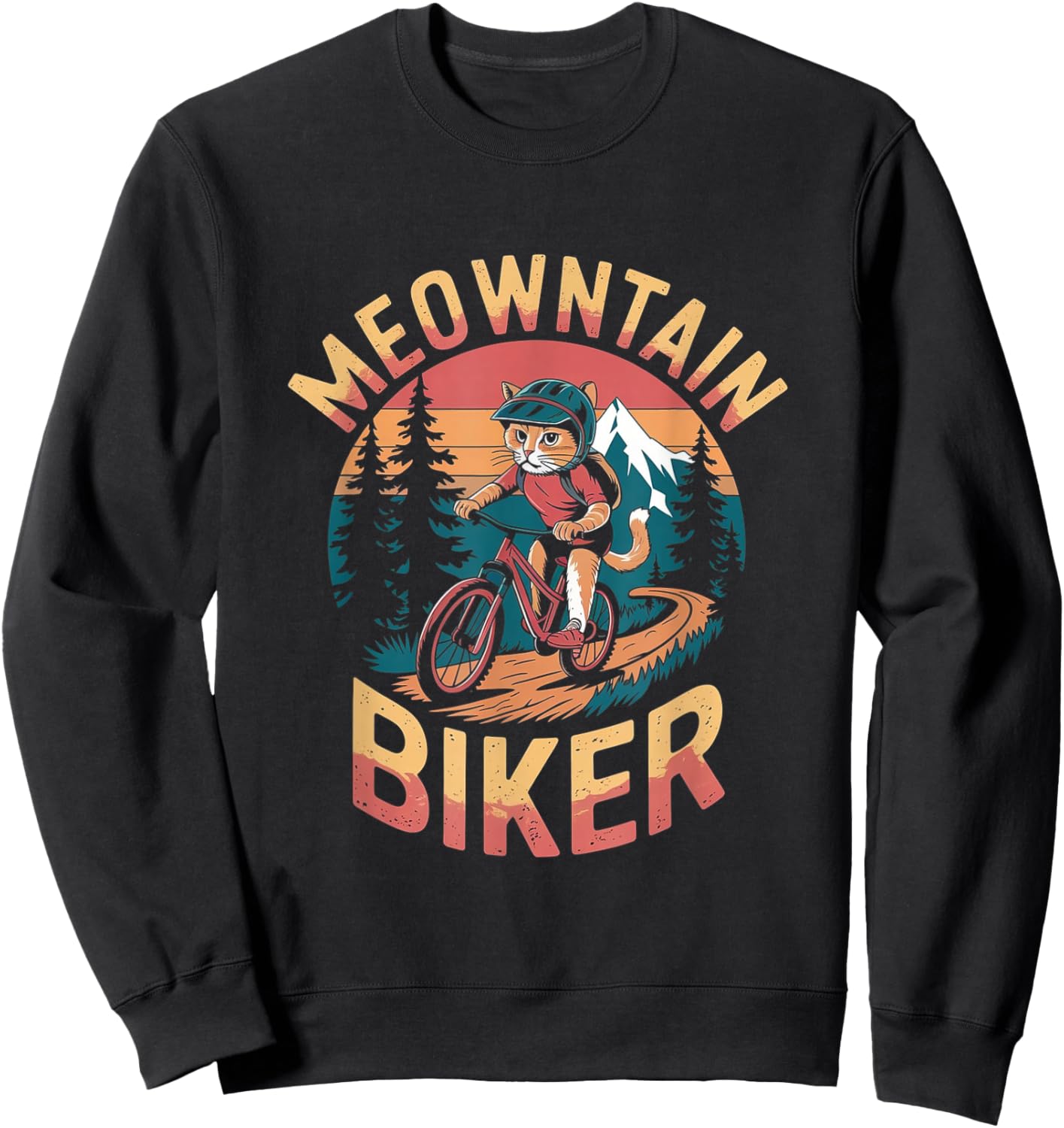 Retro Mountain Biker Pun - Funny Mountain Biking Cat Sweatshirt - Sweatshirt | Black