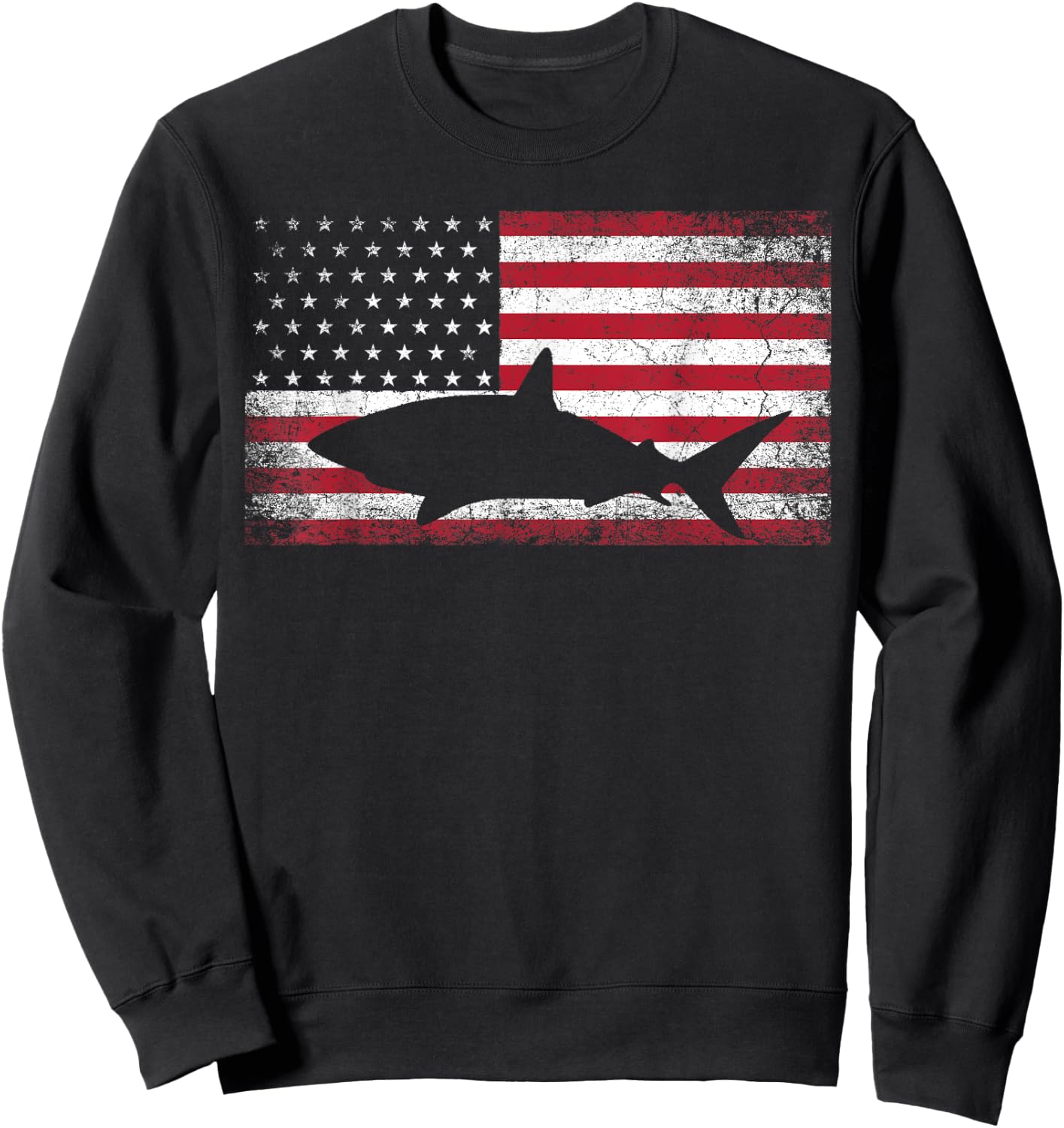 Vintage Shark Lover Fishing Diving July 4th American Flag Sweatshirt - Sweatshirt | Black