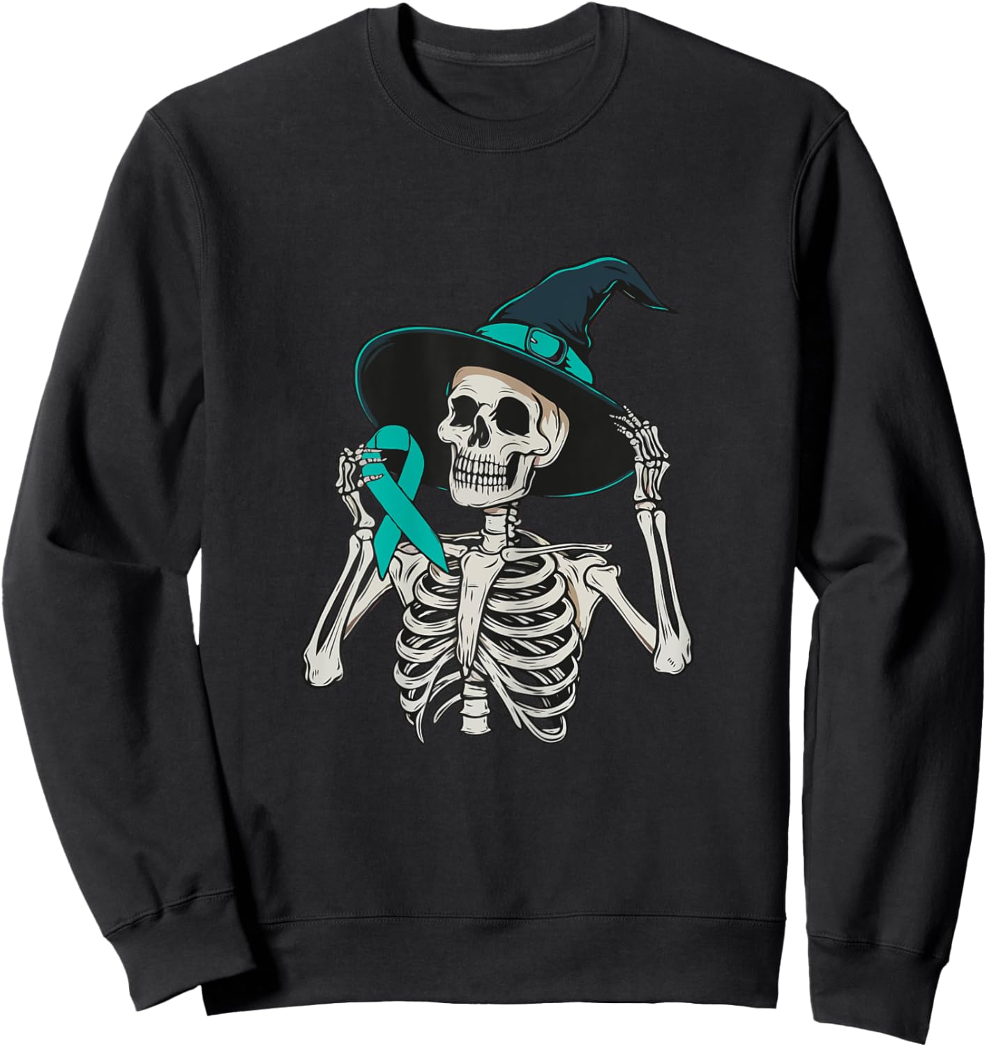 Teal Ribbon Peritoneal Cancer Awareness Skeleton Halloween Sweatshirt - Sweatshirt | Black