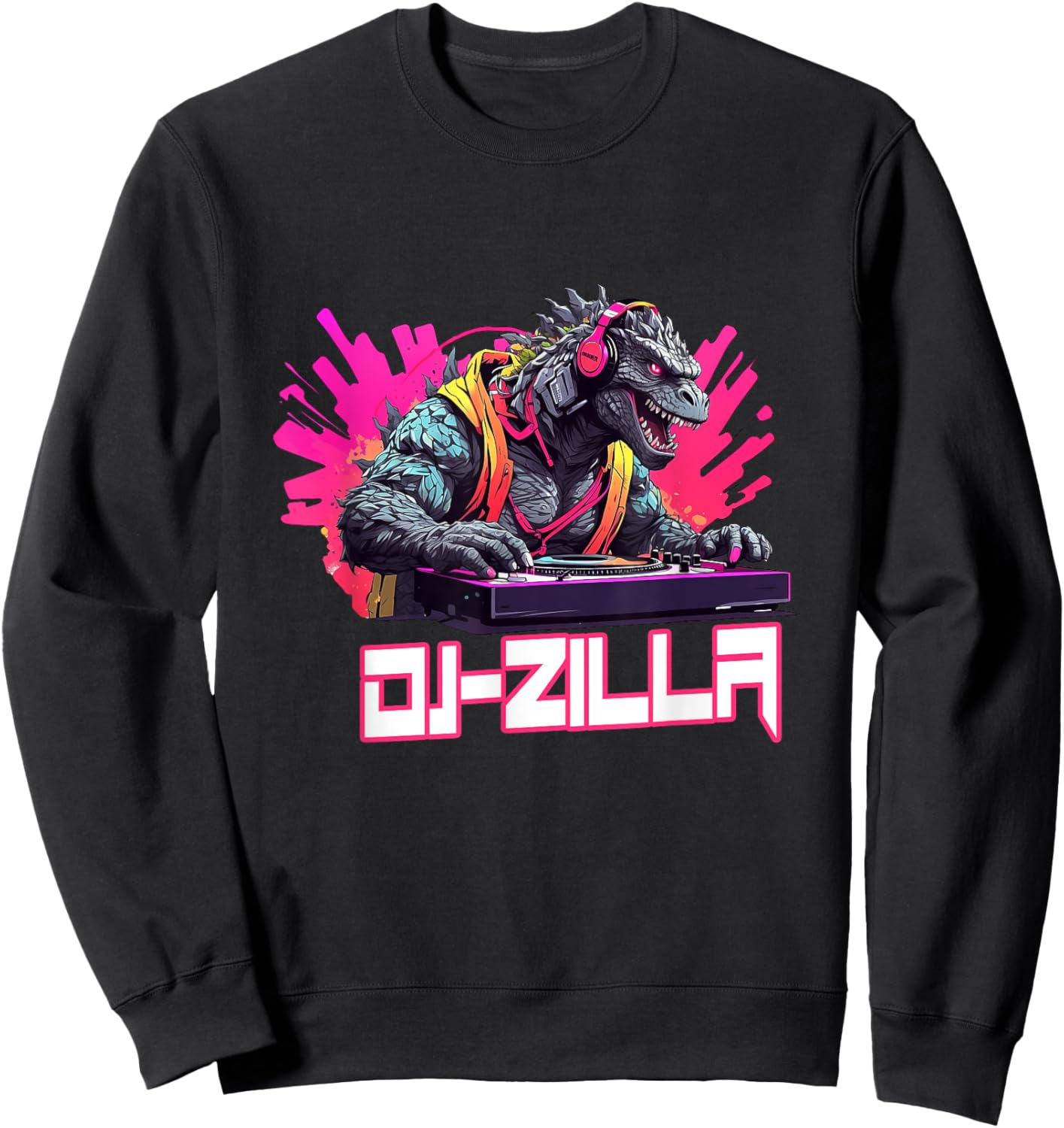 Japanese Monster Kaiju Dj-Zilla With Headphones Spinning Sweatshirt - Sweatshirt | Black