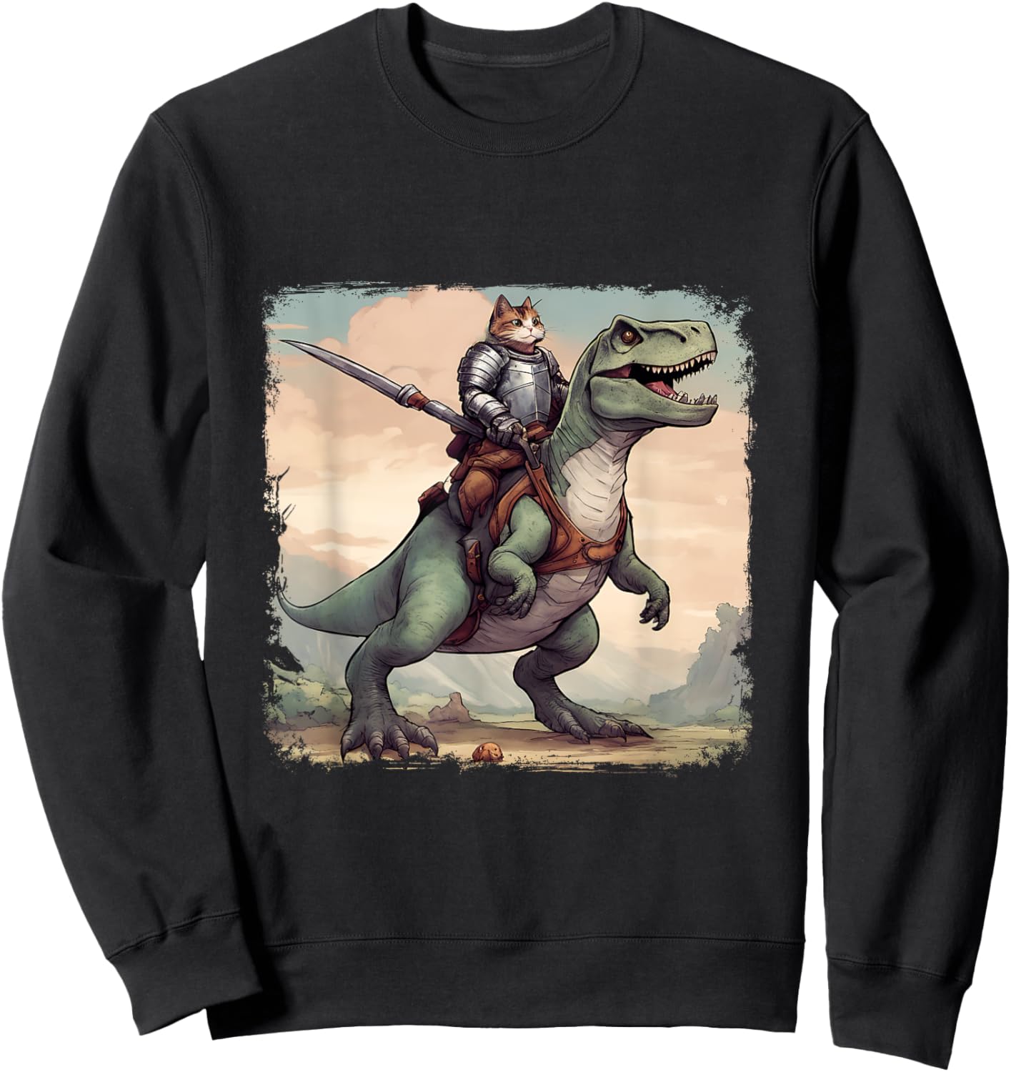 Cat Knight riding a T-Rex. Fun Men Women Sweatshirt - Sweatshirt | Black
