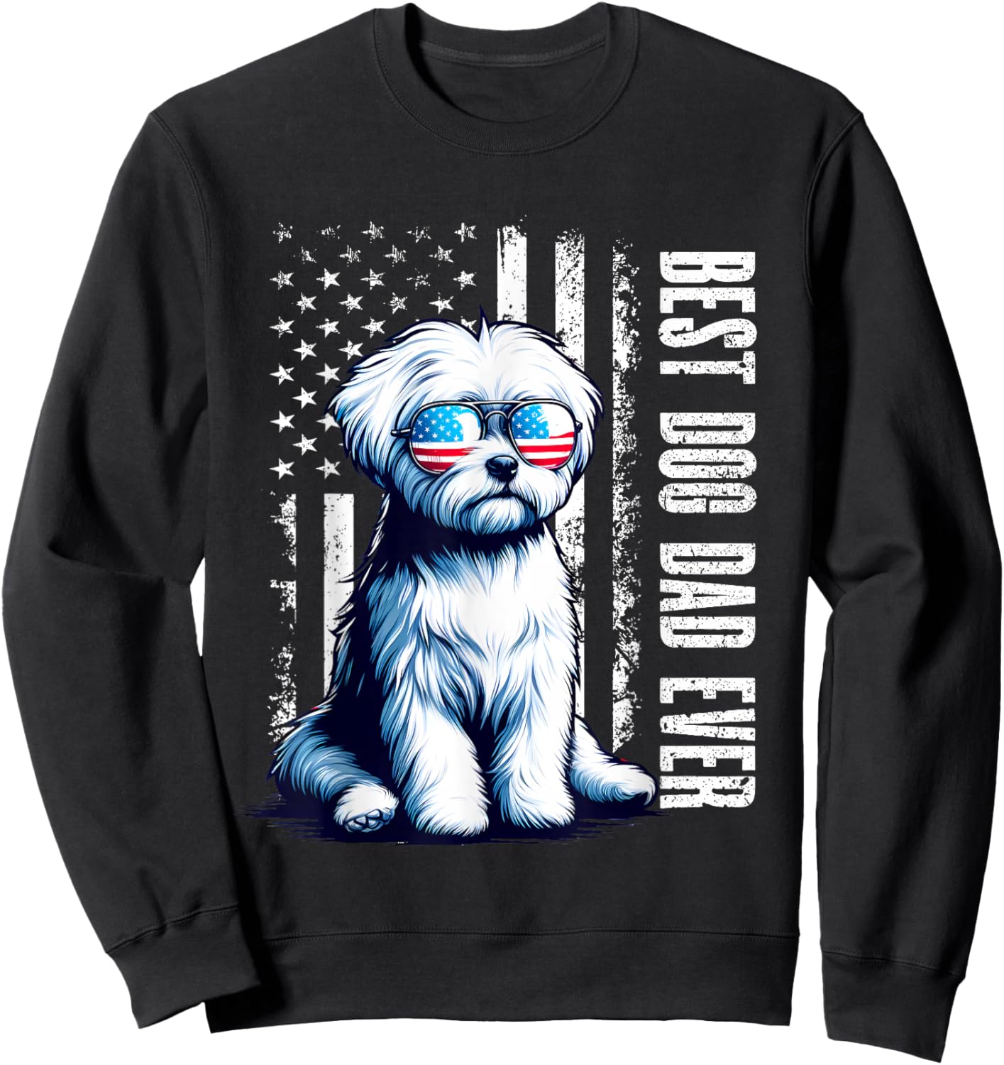 Vintage Best Dog Dad Ever Maltese Dog American Flag Outfit Women Sweatshirt - Sweatshirt | Black