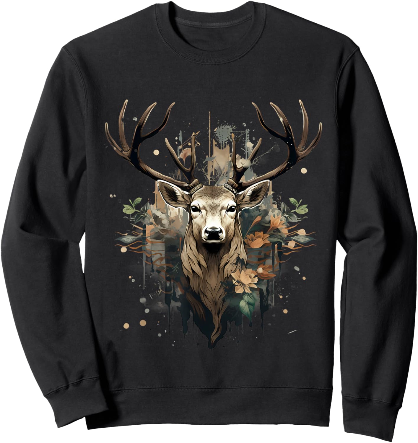 Deer Portrait Floral Artwork Wildlife Nature Animal Lovers Sweatshirt - Sweatshirt | Black