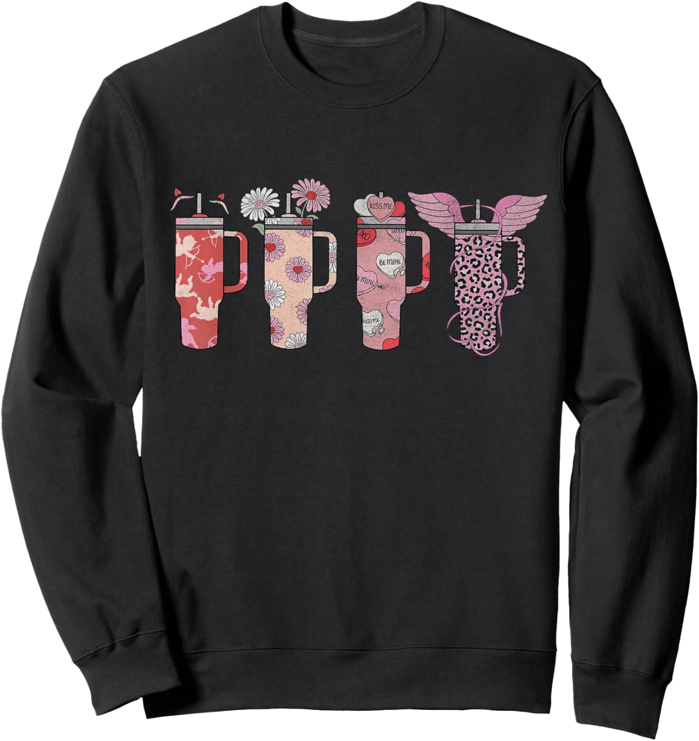 Retro Candy Heart Stanley Tumbler Leopard Valentines Day Sweatshirt - Sweatshirt | Black