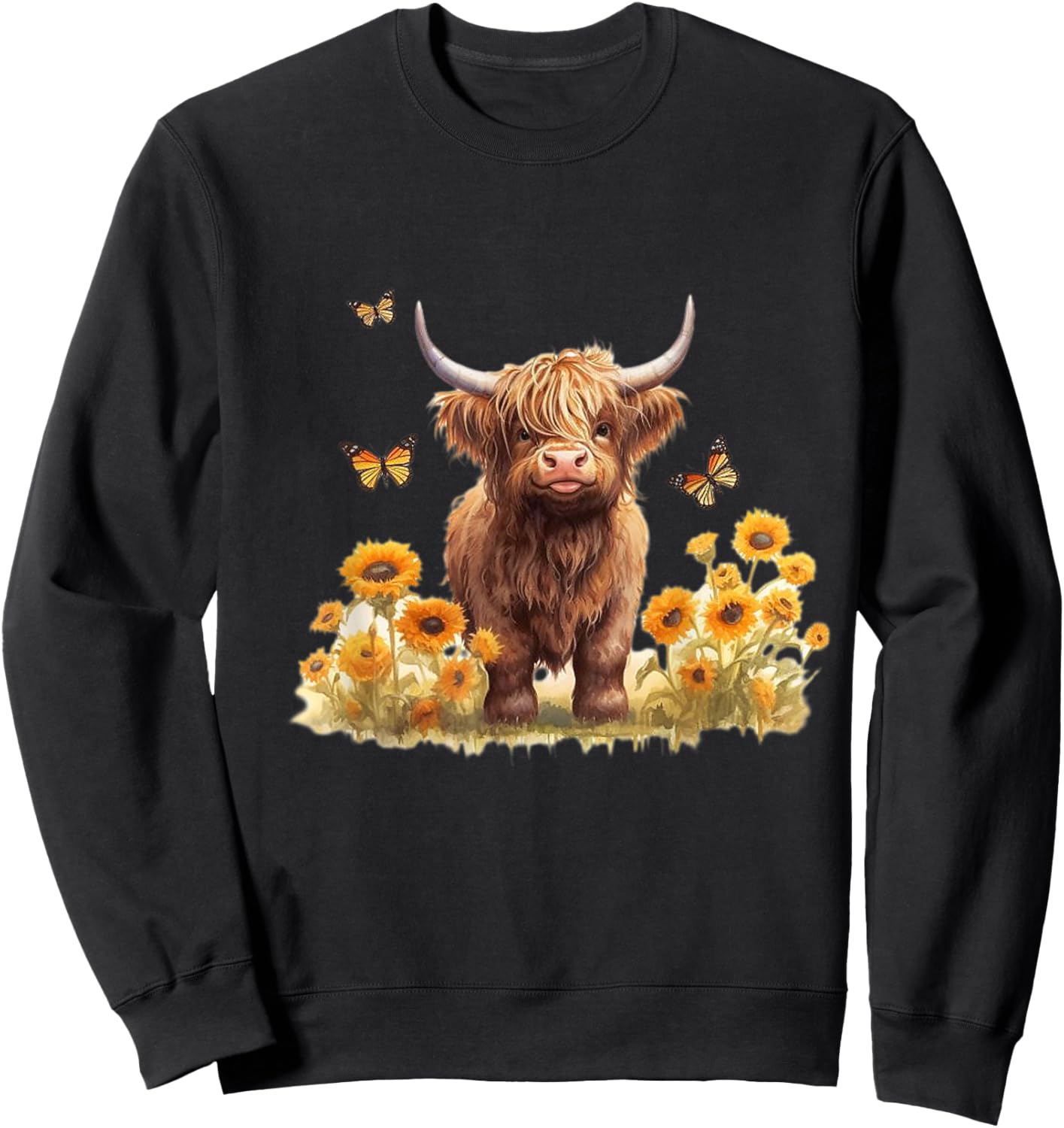 Cute Highland cow with sunflowers country Heifer Farm Farmer Sweatshirt - Sweatshirt | Black