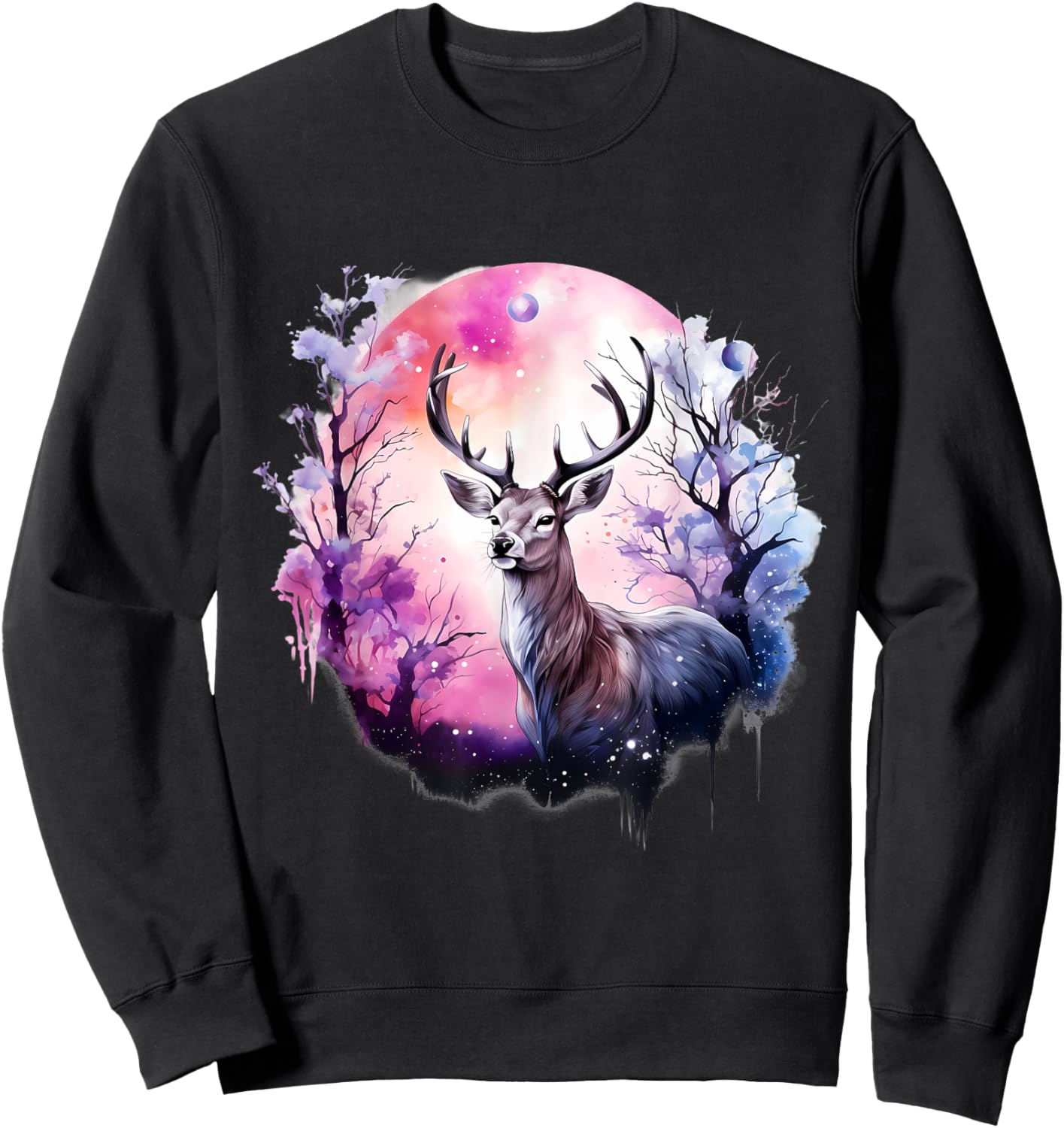 Deer Nature Animal Print Forest Floral Artwork Wildlife Sweatshirt - Sweatshirt | Black