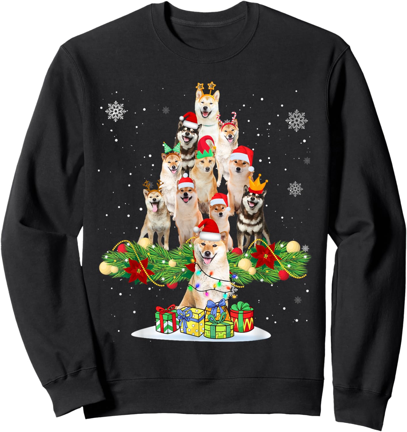 Ugly Sweater Christmas Tree Shiba Inu Dog Xmas Lights Sweatshirt - Sweatshirt | Black