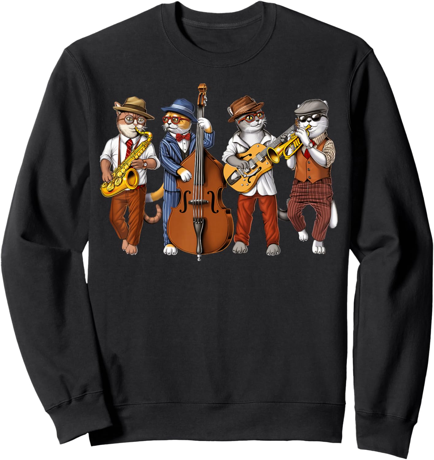 Cat Saxophone Player Jazz Musician Trumpet Double Bass Sweatshirt - Sweatshirt | Black