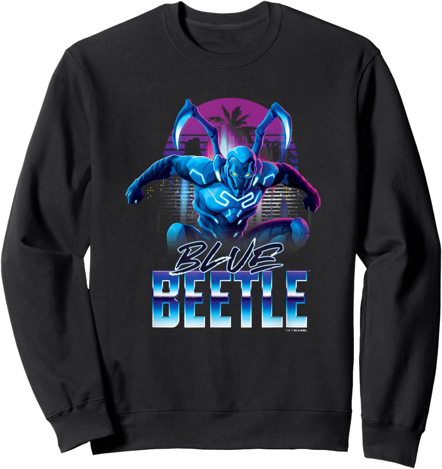 Blue Beetle Neon City Lights Super Hero Action Portrait Sweatshirt - Sweatshirt | Black