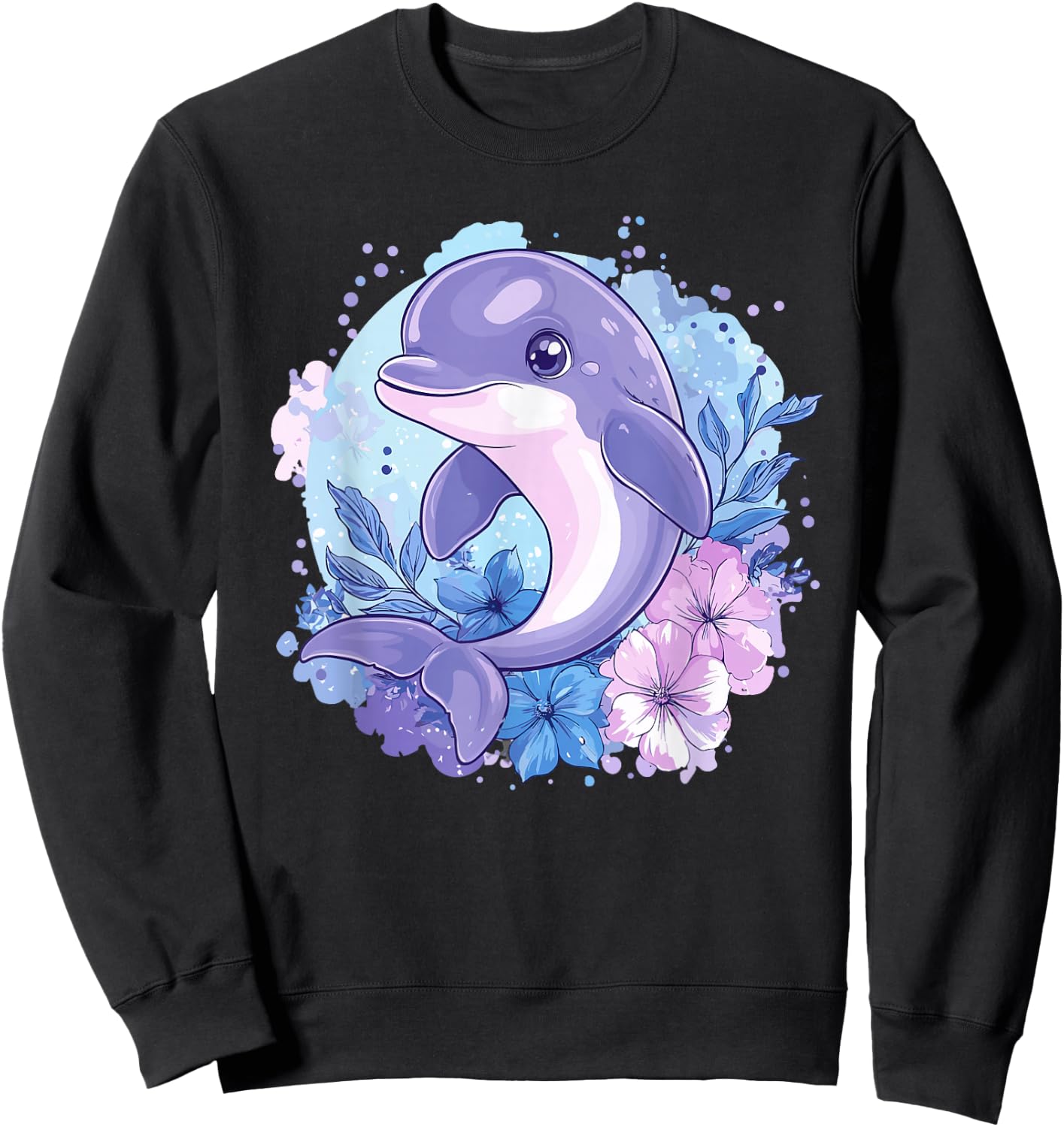 Adorable Dolphin Surrounded By Flowers Sweatshirt - Sweatshirt | Black