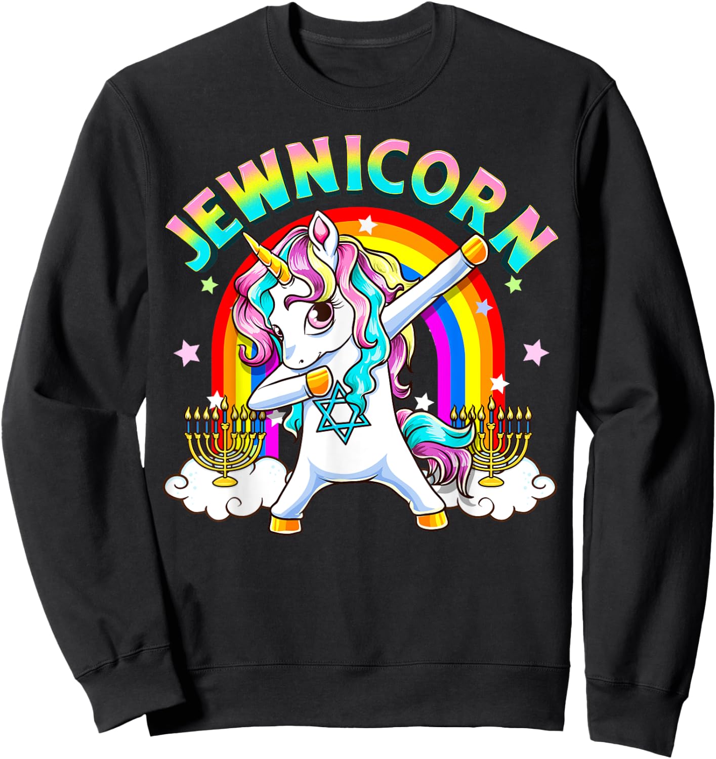 Jewnicorn Funny Cute Hanukkah Jewish Rainbow Unicorn Menorah Sweatshirt - Sweatshirt | Black