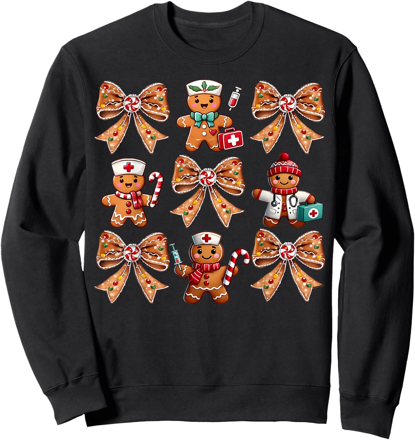 Coquette Bow Gingerbread Christmas Nurse Xmas Holiday Sweatshirt - Sweatshirt | Black