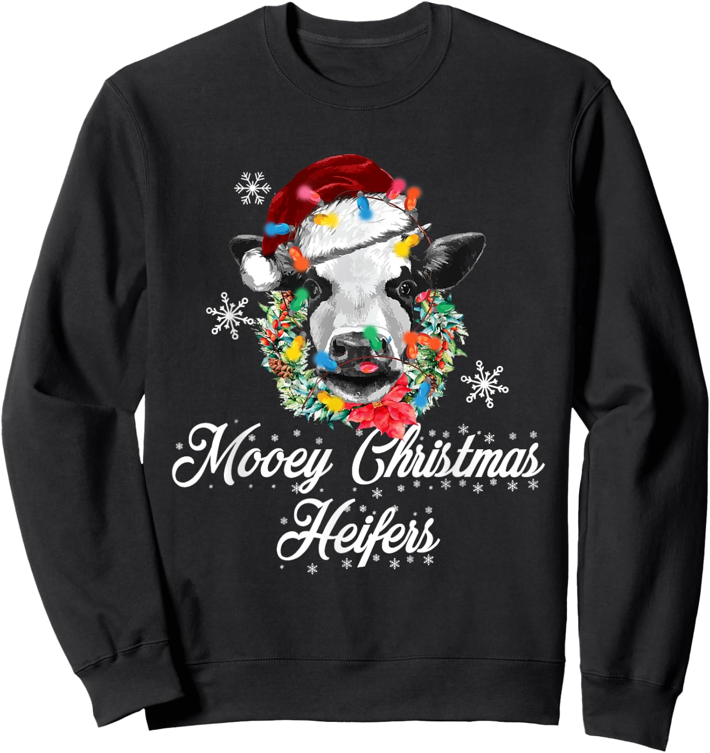 Mooey Christmas Heifers Santa Cow Christmas Lights Funny Sweatshirt - Sweatshirt | Black
