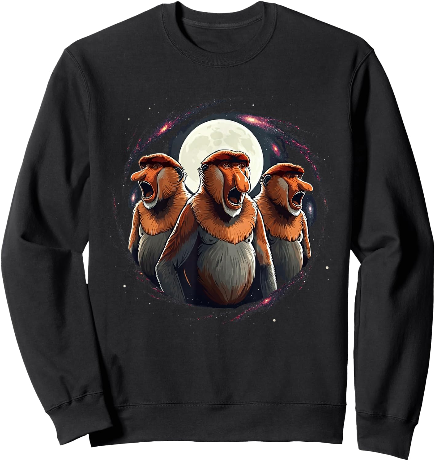 3 Proboscis Monkeys Moon Howling Funny Meme Men Women Kids Sweatshirt - Sweatshirt | Black