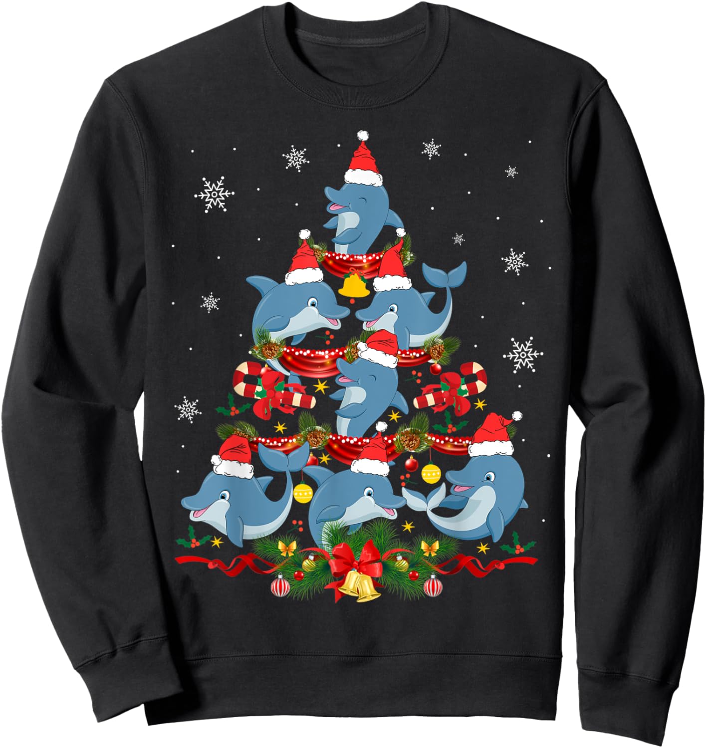 Santa Dolphin Christmas Tree Light Animal Lover Ornament Sweatshirt - Sweatshirt | Black