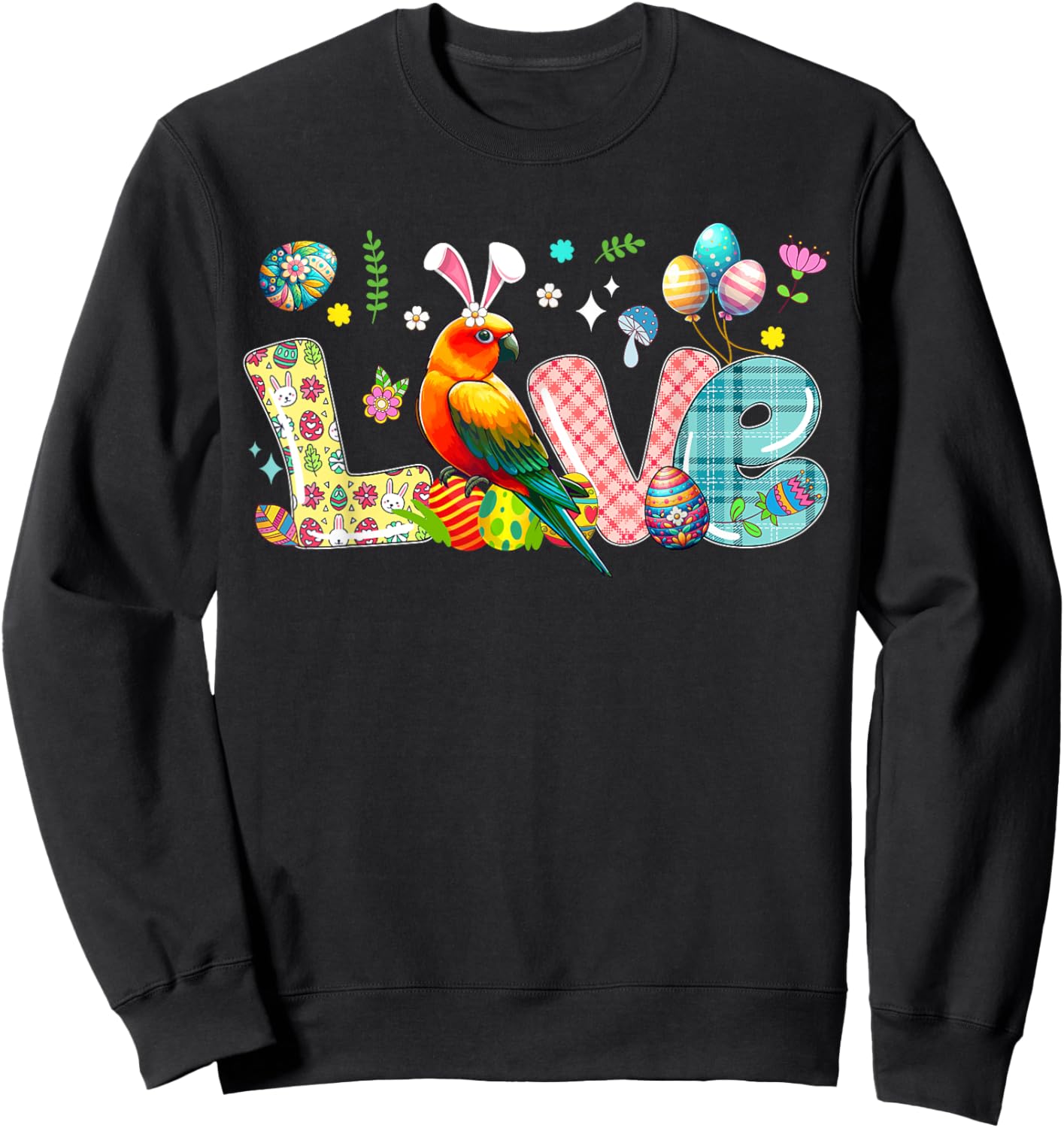 Love Easter Bunny Sun Conure Hunting Eggs Flowers Colourful Sweatshirt - Sweatshirt | Black