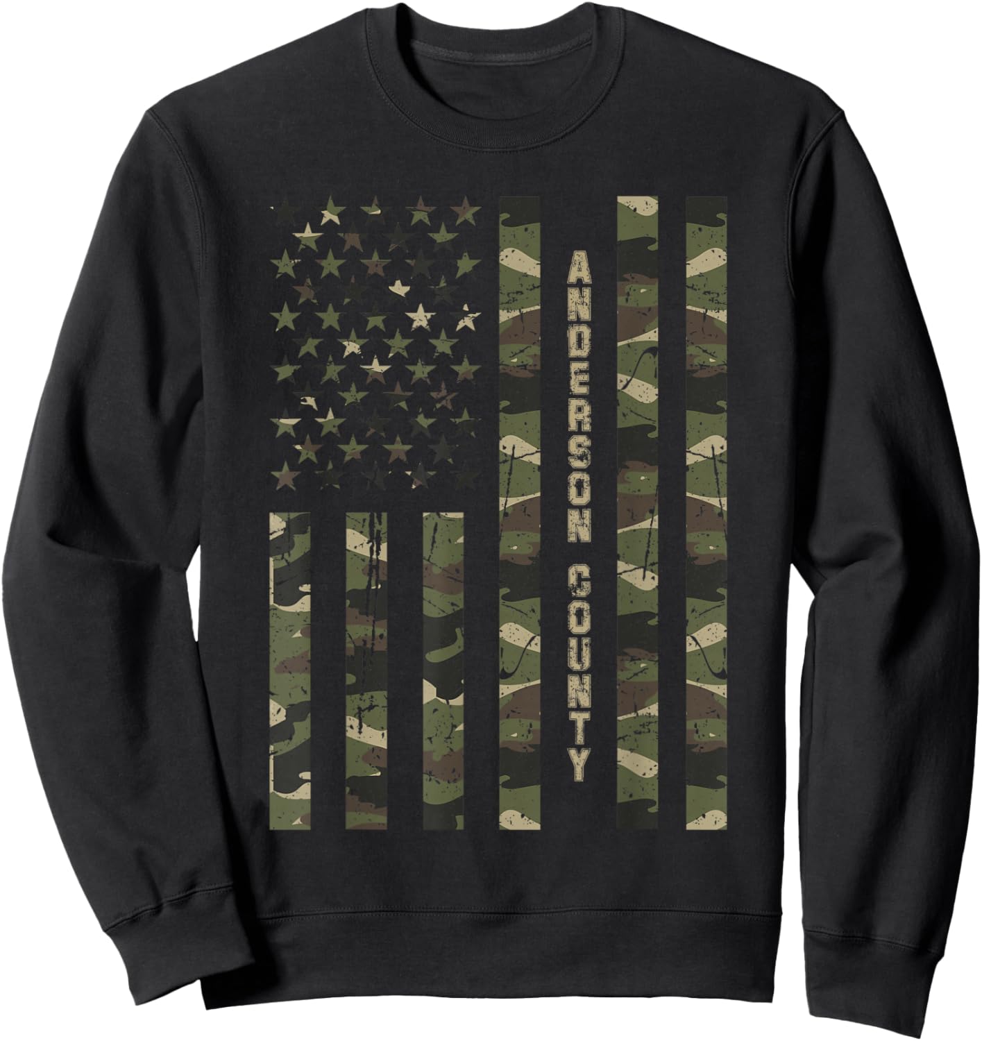Anderson County United States Distressed Camo w US Flag Sweatshirt - Sweatshirt | Black