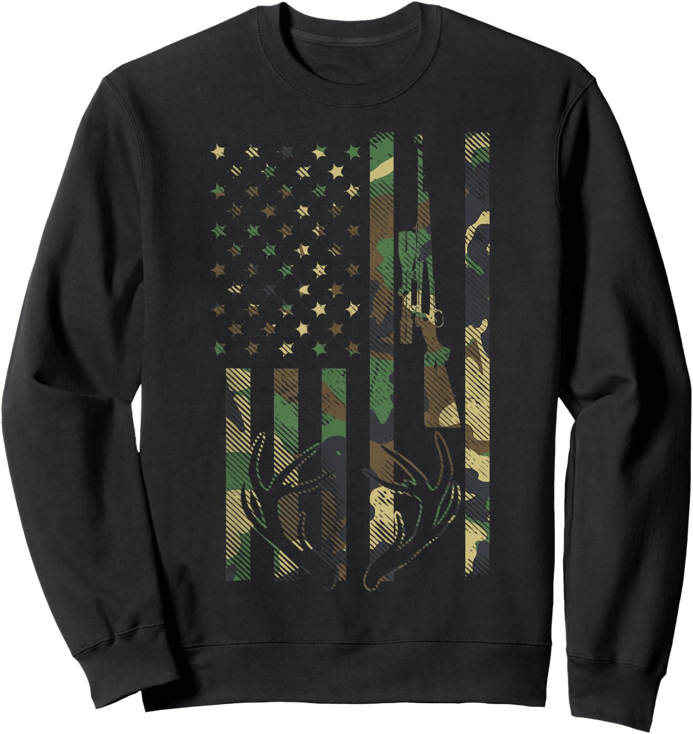 Camo American Flag Rifle Antler Deer Hunting Gun Hunter Gift Sweatshirt - Sweatshirt | Black