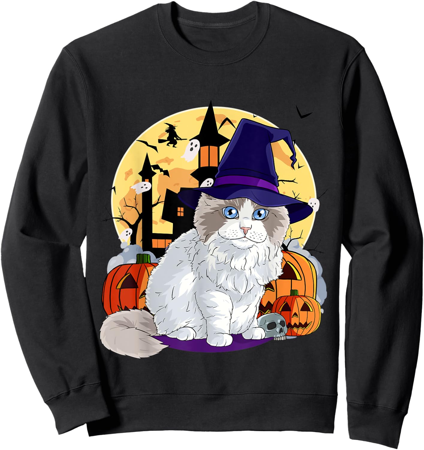 Cute Ragdoll Cat Halloween Witch Pumpkin Men Women Kids Sweatshirt - Sweatshirt | Black