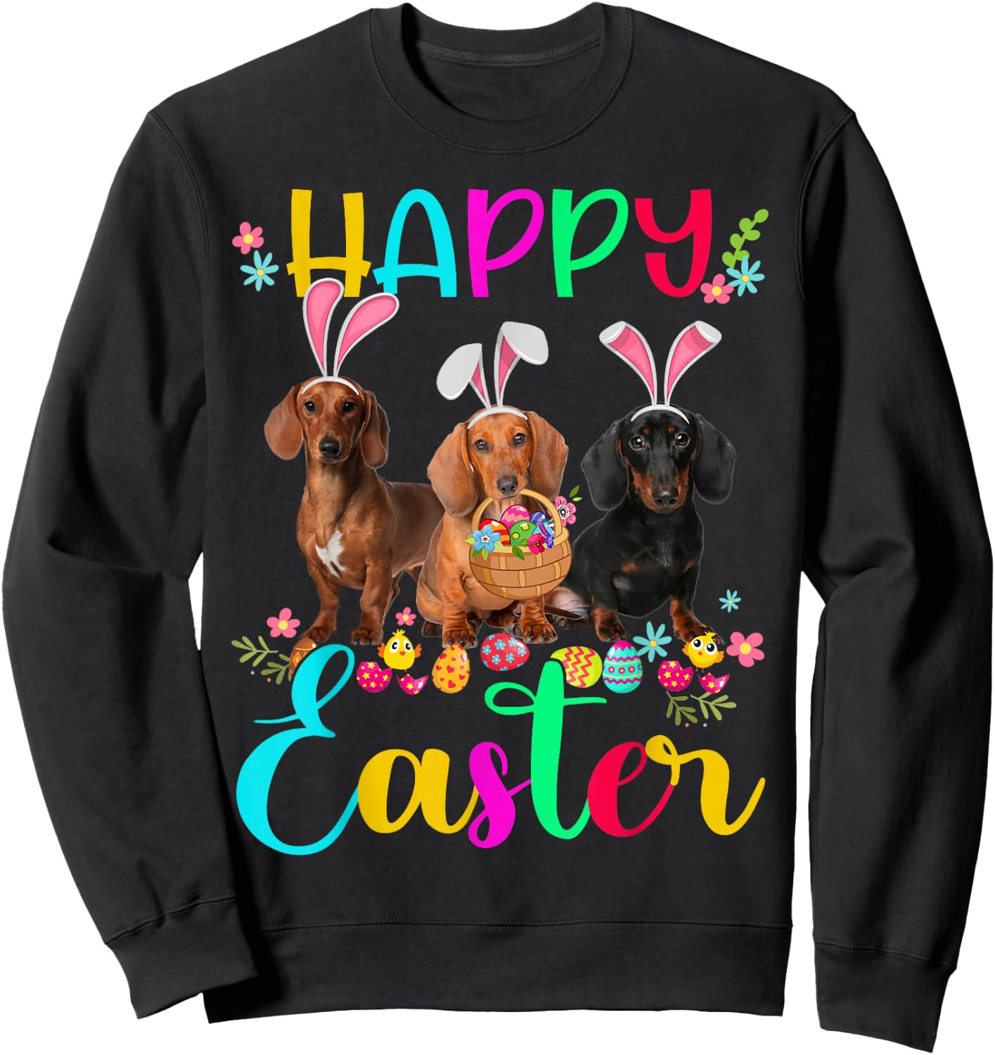 Happy Easter Three Dachshund Wearing Bunny Ear Gifts Sweatshirt - Sweatshirt | Black