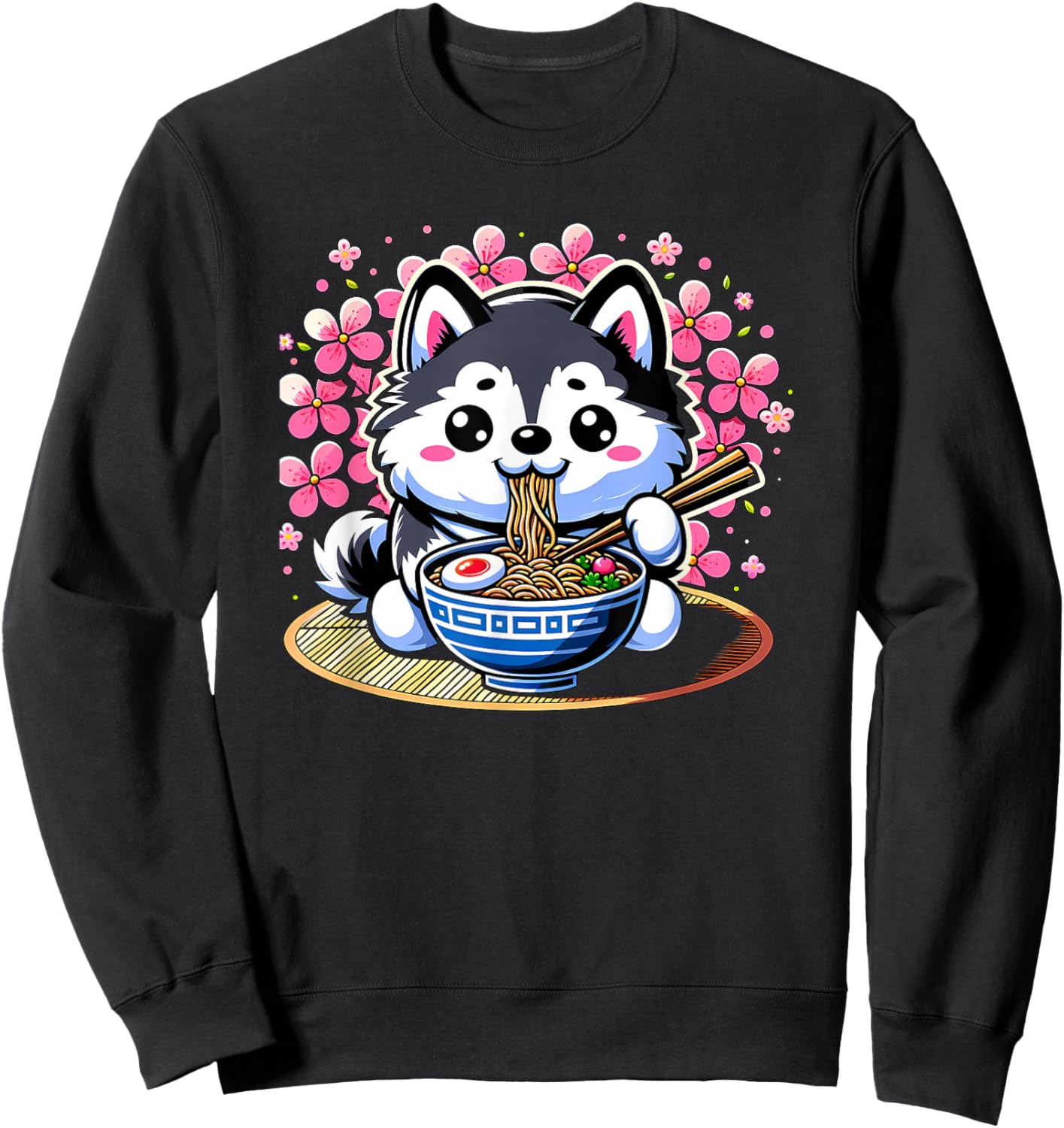 Kawaii Siberian Husky dog Eating Ramen Sweatshirt - Sweatshirt | Black