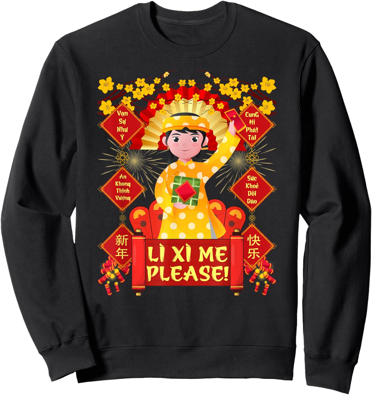 Funny Li Xi Me Please Vietnamese Red Cute Ao Dai Girl Kids Sweatshirt - Sweatshirt | Black