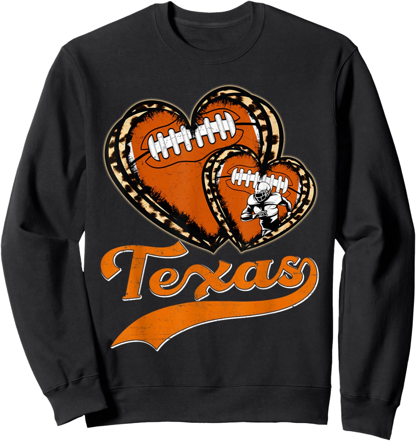 Vintage Leopard Heart Texas Football Player Sport Fans Sweatshirt - Sweatshirt | Black