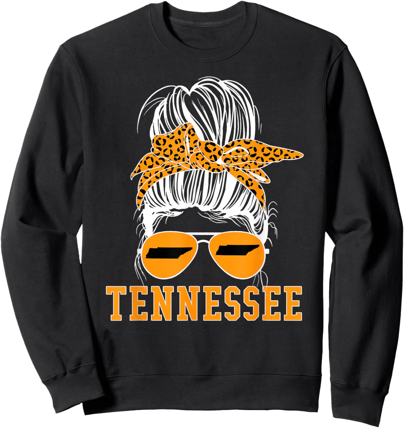 Tennessee TN State Women Leopard Messy Bun Orange Text Sweatshirt - Sweatshirt | Black