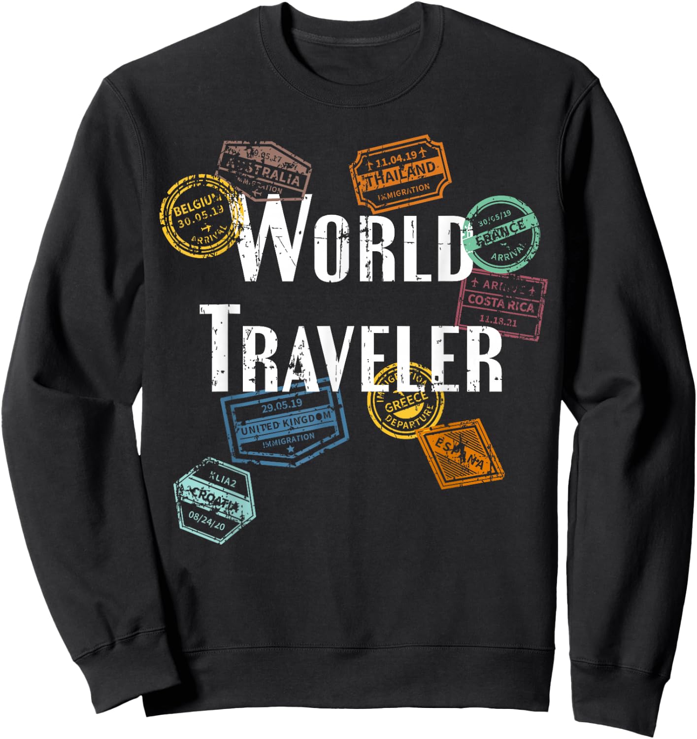 Vintage Distressed World Traveler Passport Stamp Gift Shirt Sweatshirt - Sweatshirt | Black