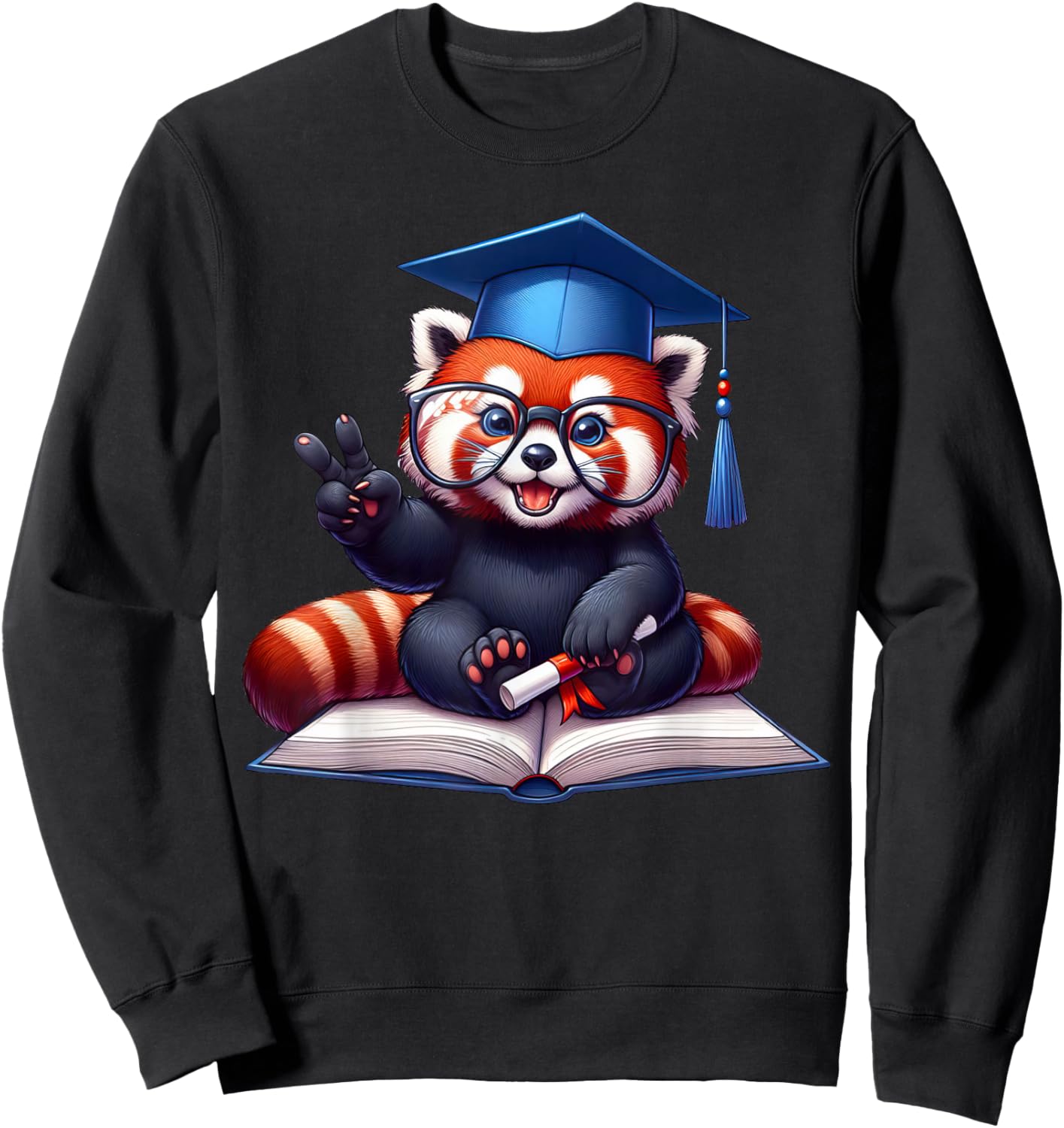 Peace Sign Hand Graduate Red Panda Graduation Sweatshirt - Sweatshirt | Black