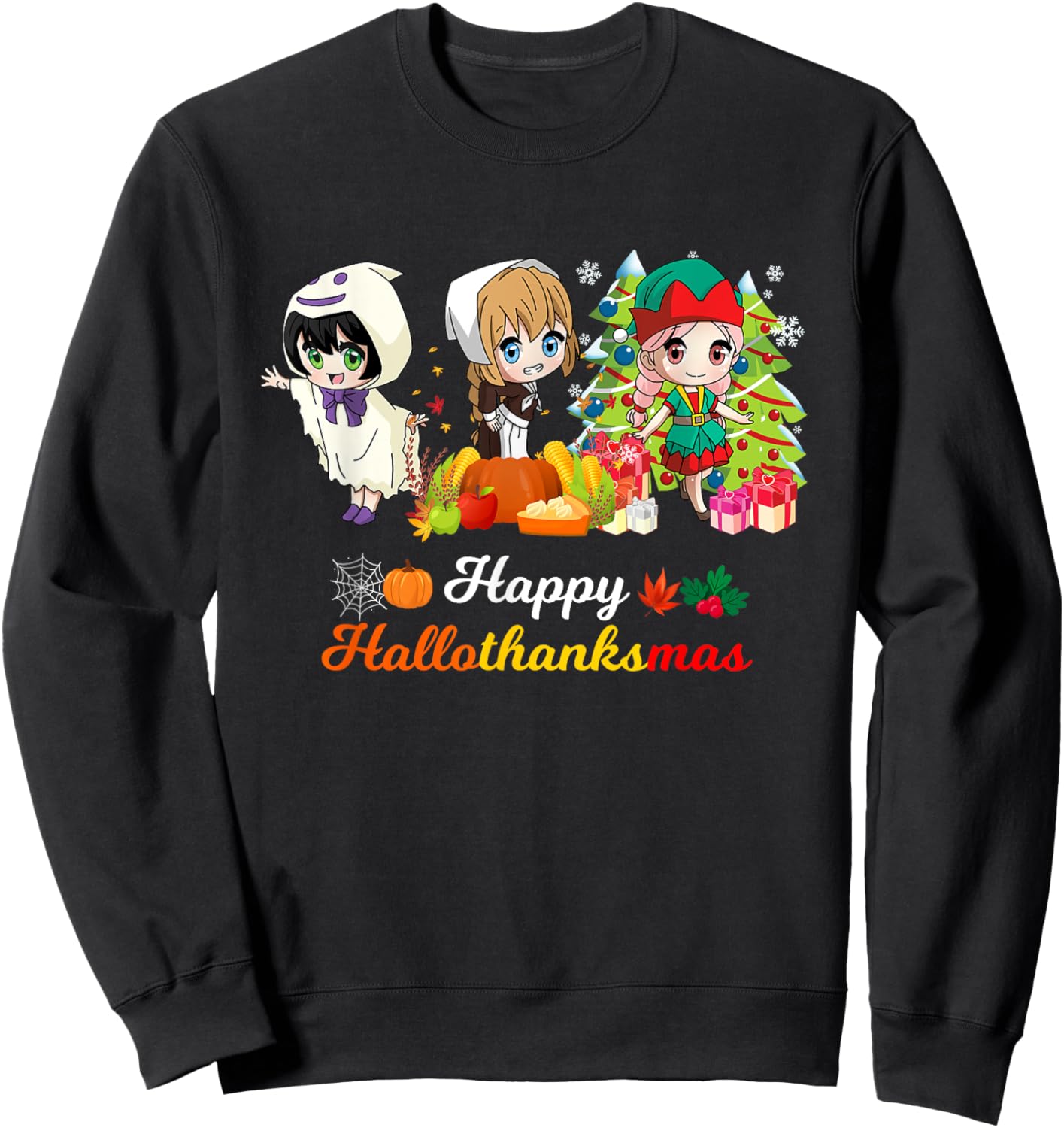 Halloween Thanksgiving Christmas Hallothanksmas Anime Girl Sweatshirt - Sweatshirt | Black