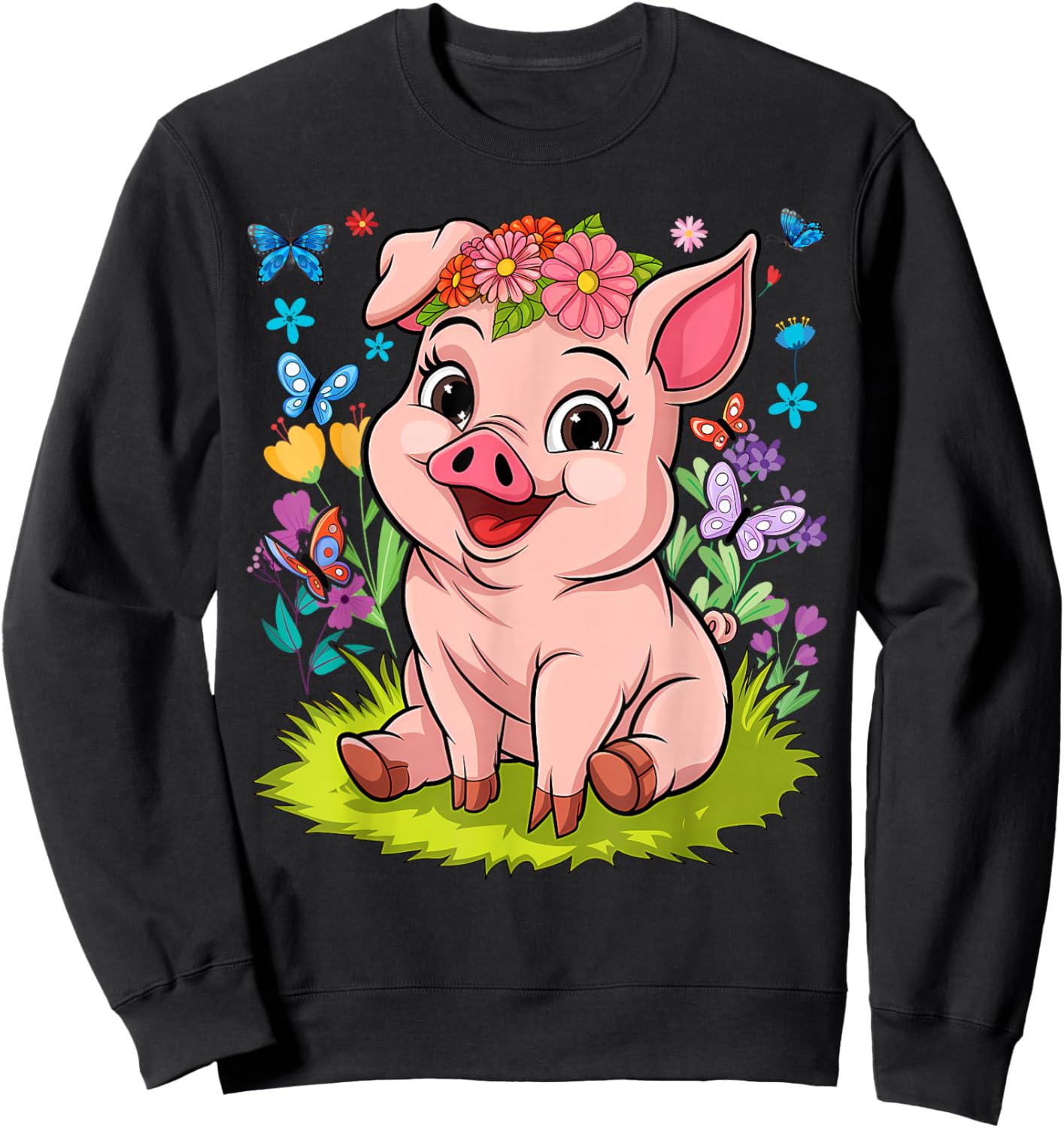 Cute Pig With Flowers I Kids Pig Sweatshirt - Sweatshirt | Black
