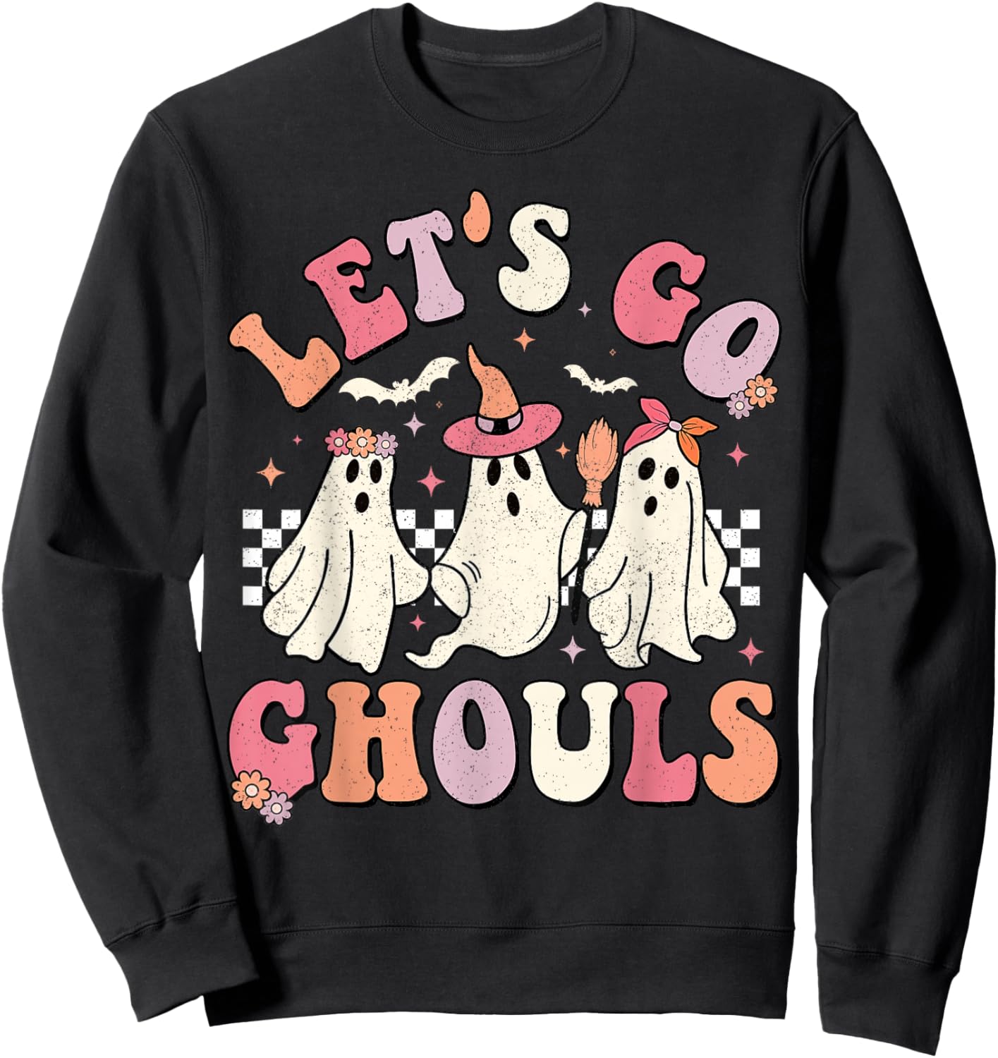 Let's Go Ghouls Halloween Ghost Outfit Costume Retro Groovy Sweatshirt - Sweatshirt | Black