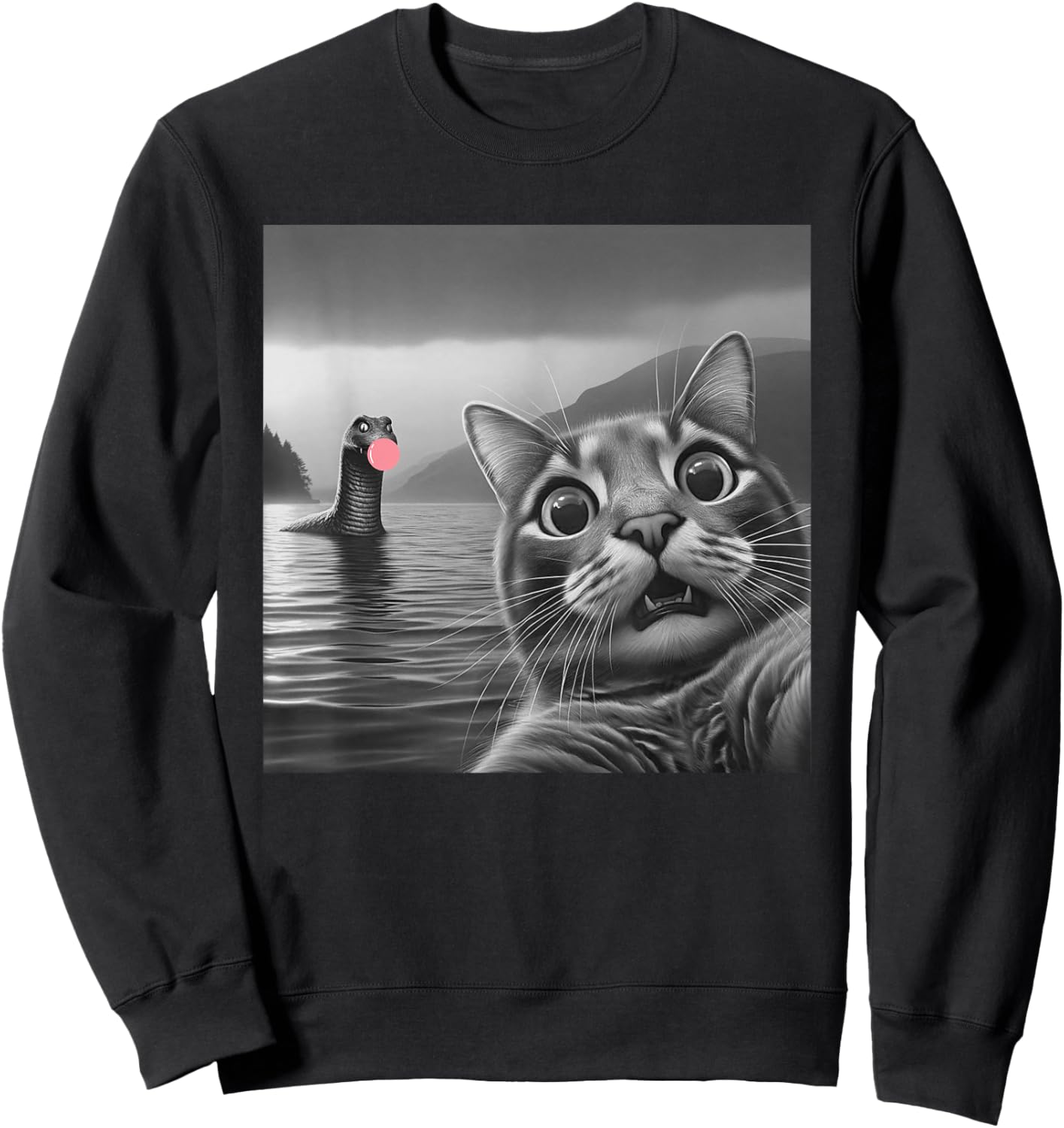 Funny Surprised Cat Selfie with Loch Ness Monster, Bubble Women Girls Kids Sweatshirt - Sweatshirt | Black