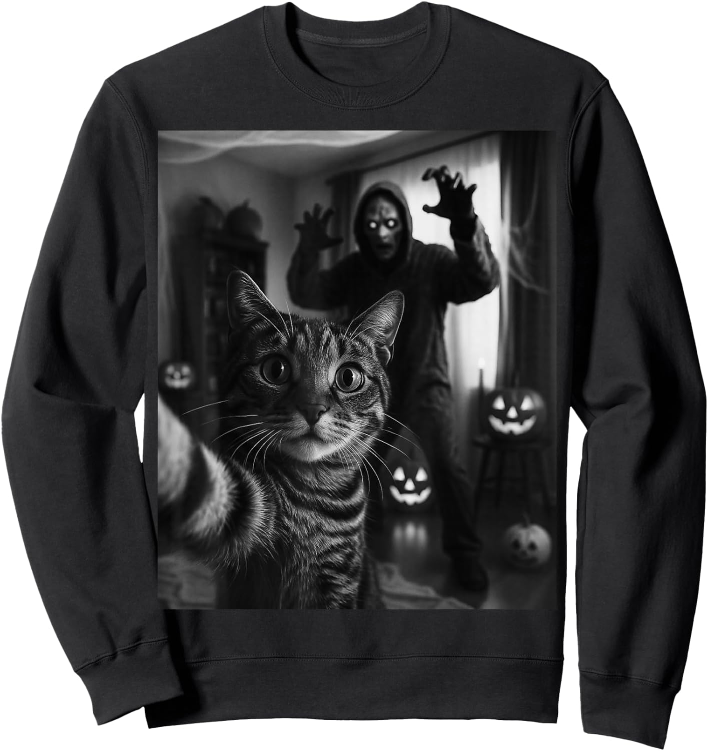 Funny Cat Selfie with Skeleton Scary Halloween Meme Sweatshirt - Sweatshirt | Black