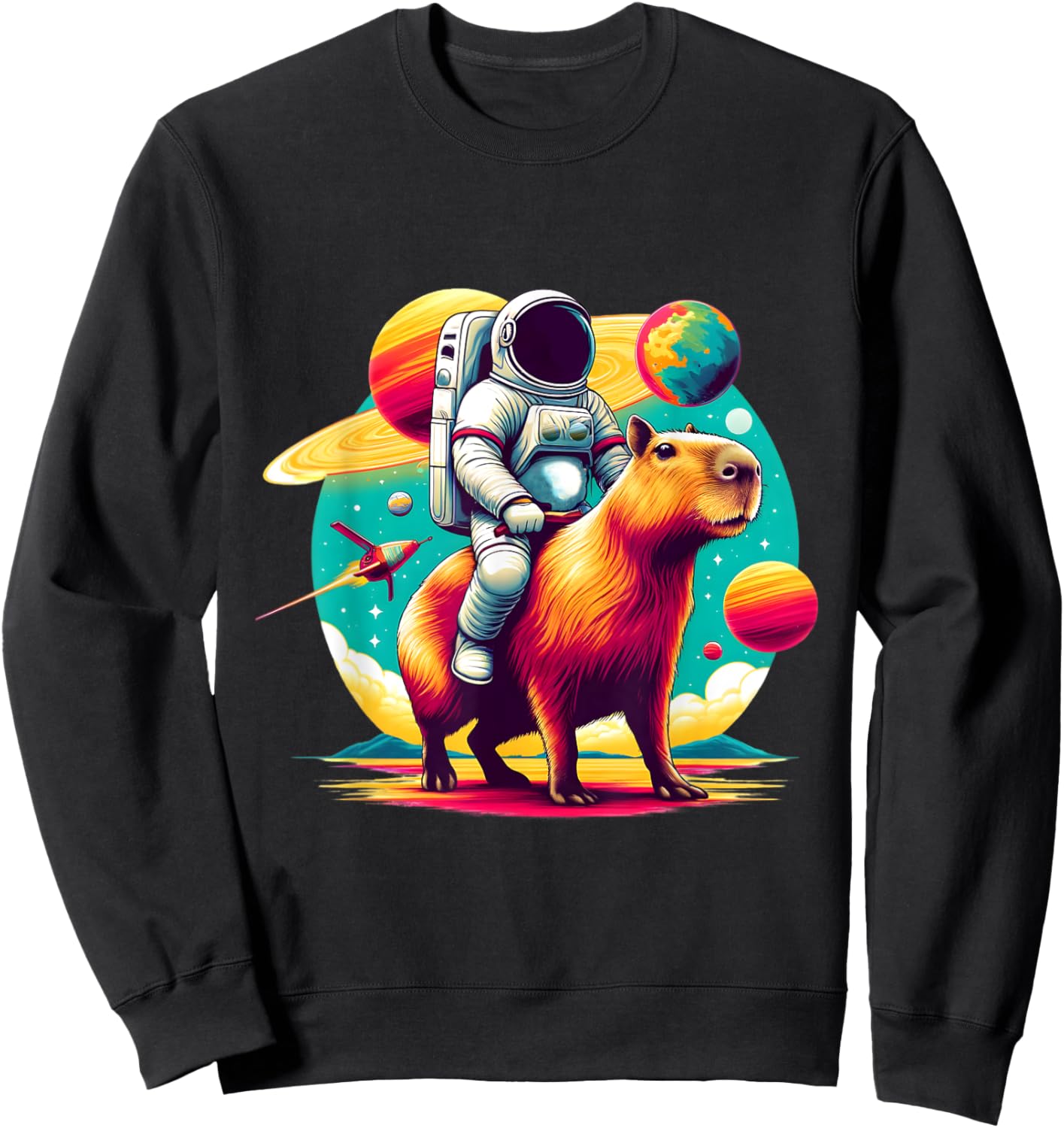 Space Astronaut Riding Capybara Lover Men Boys Funny Graphic Sweatshirt - Sweatshirt | Black