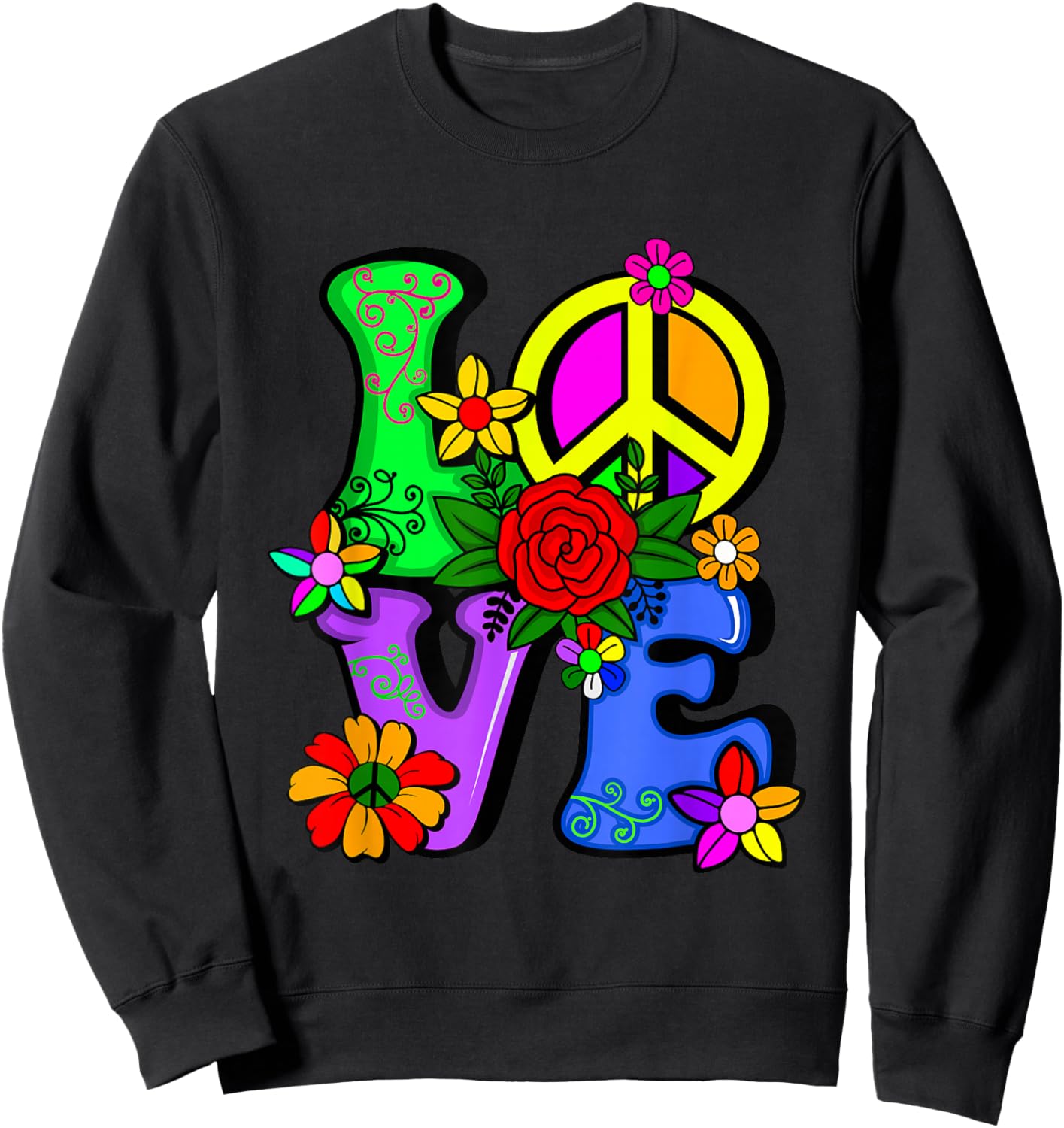 Retro 60's 70's Flower Power Hippy, Groovy Love Peace Hippie Sweatshirt - Sweatshirt | Black