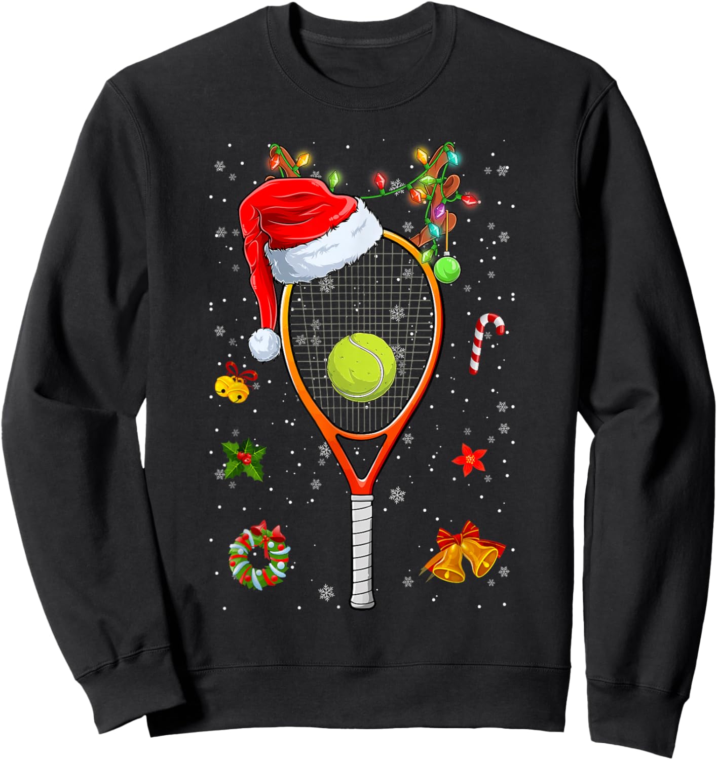 Funny Tennis Racket Reindeer Santa Hat Christmas Lights Xmas Sweatshirt - Sweatshirt | Black