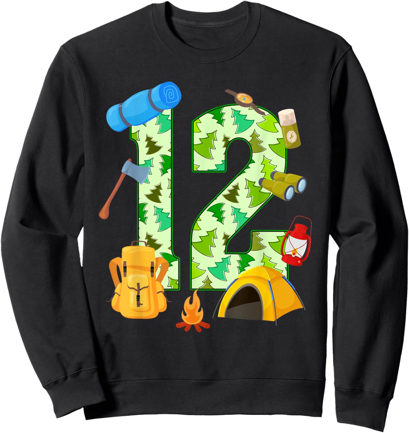 12th Birthday Camping Theme 12 Year Old Birthday Kids Sweatshirt - Sweatshirt | Black