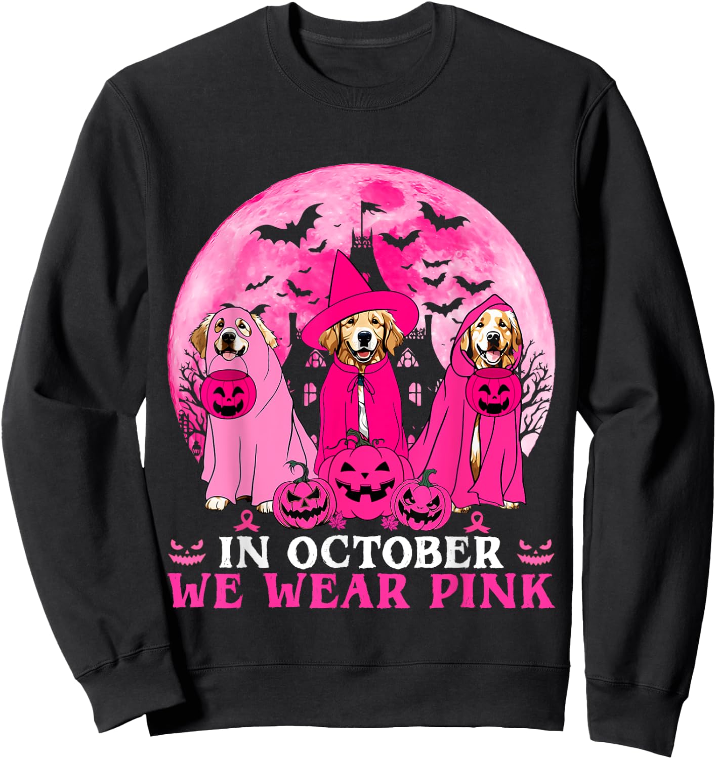 Ghost And Witch Golden Retriever In October We Wear Pink Sweatshirt - Sweatshirt | Black