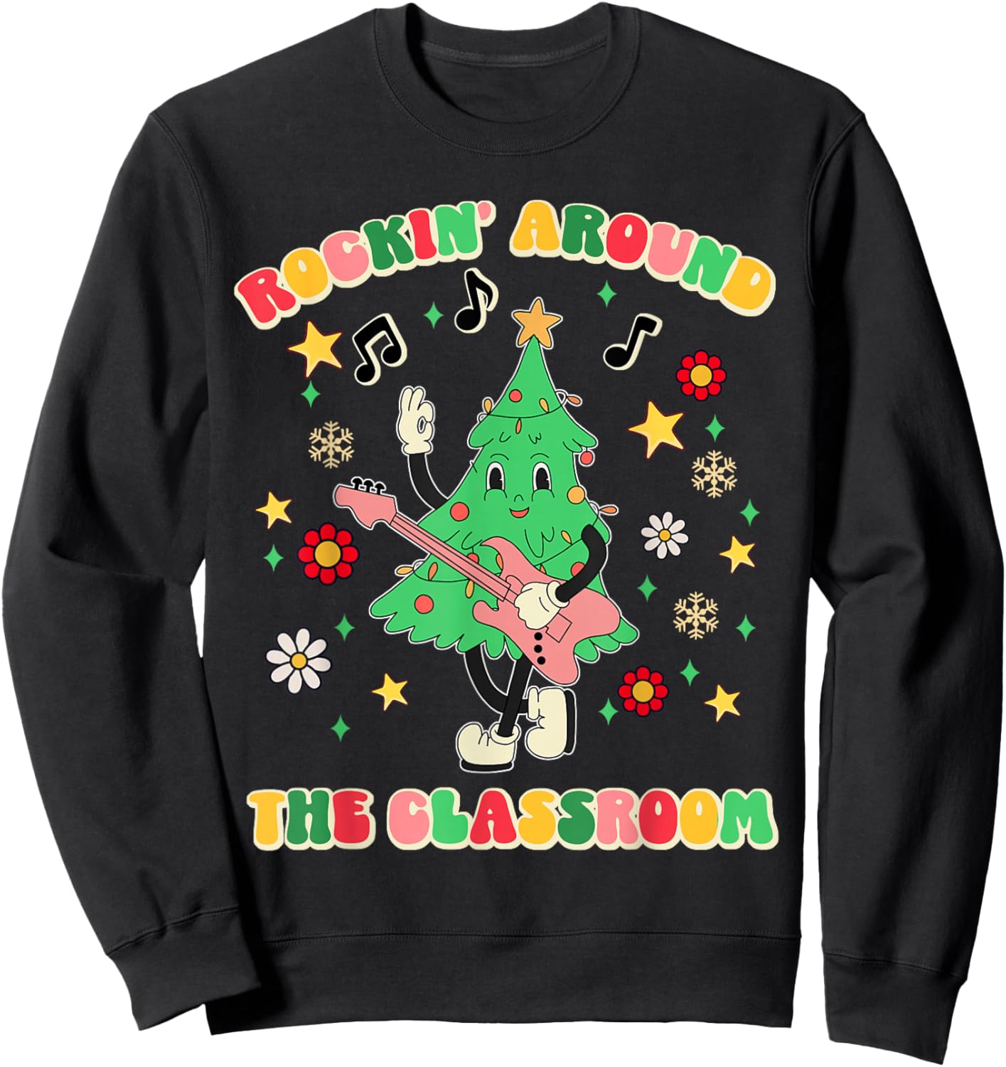 Teacher Christmas Gifts Shirts Pajama Matching Rockin' Around The Classroom -Adult Black Short Sleeve Small Modern Festive Christmas Teacher Xmas Vibes Sweatshirt - Sweatshirt | Black