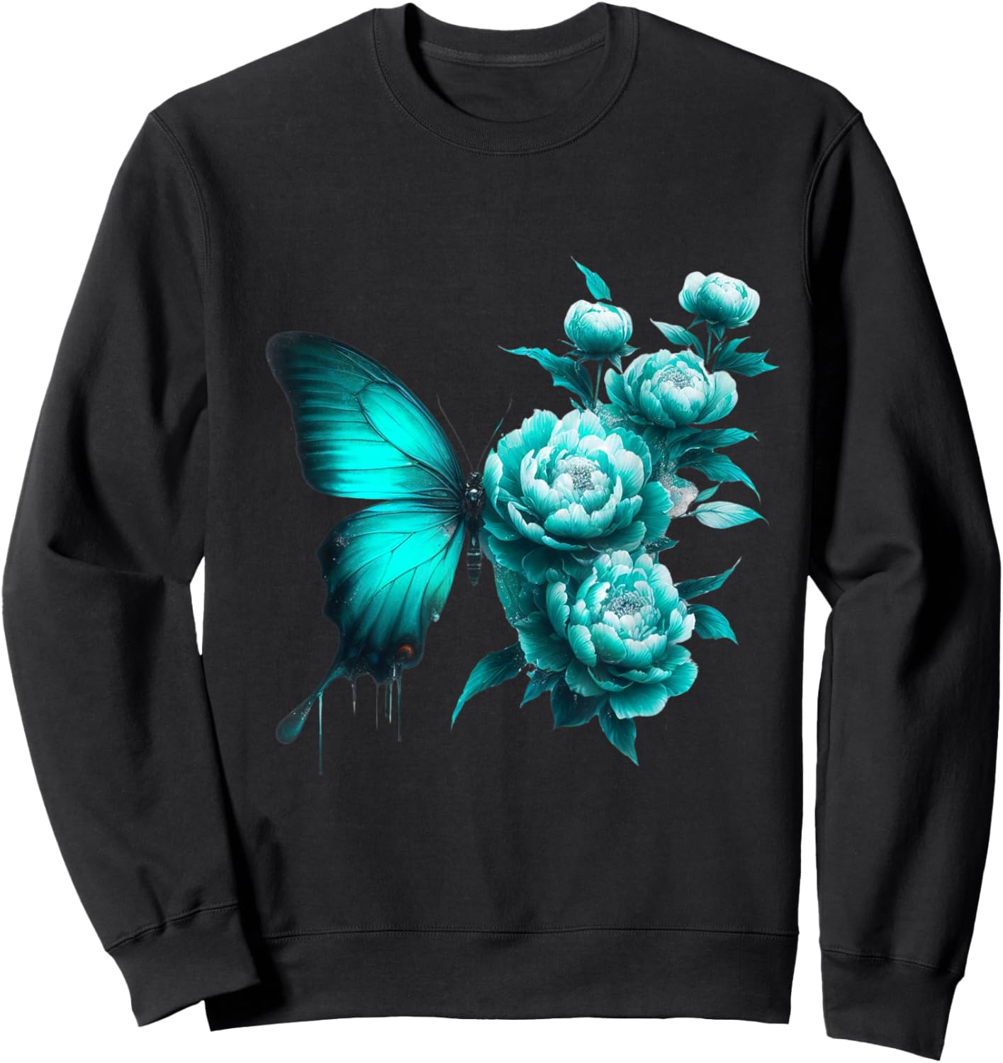 Teal Butterfly Wings Blossoming Floral Turquoise Butterflies Sweatshirt - Sweatshirt | Black