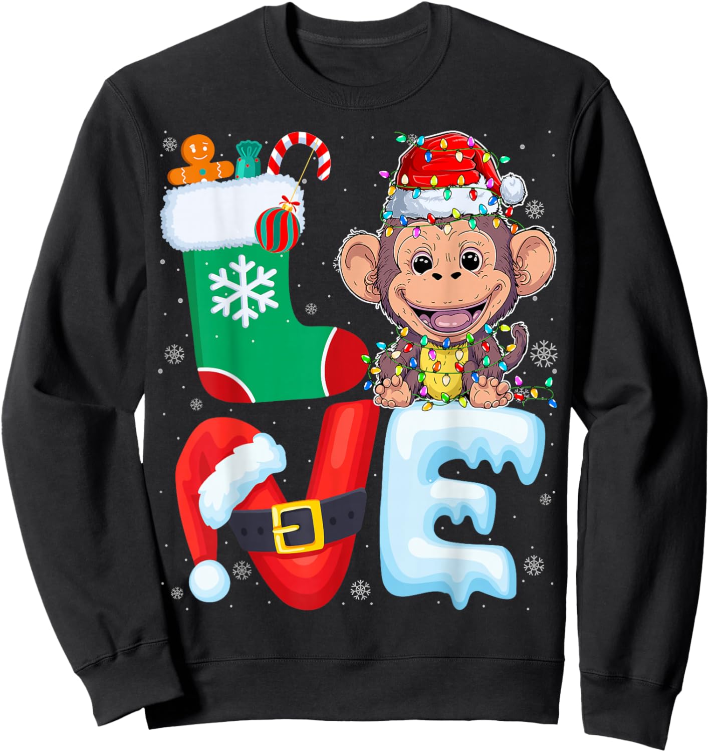 Monkey Wearing Santa Hat Xmas Lights Tree Christmas Monkey Sweatshirt - Sweatshirt | Black