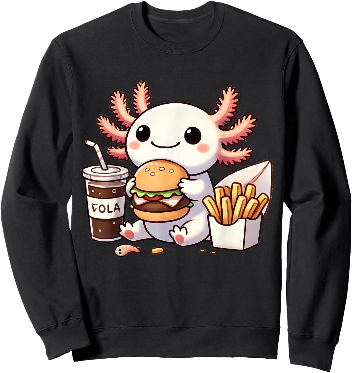 Axolotl with Burger Set, Anime Cute Kawaii Axolotl Sweatshirt - Sweatshirt | Black