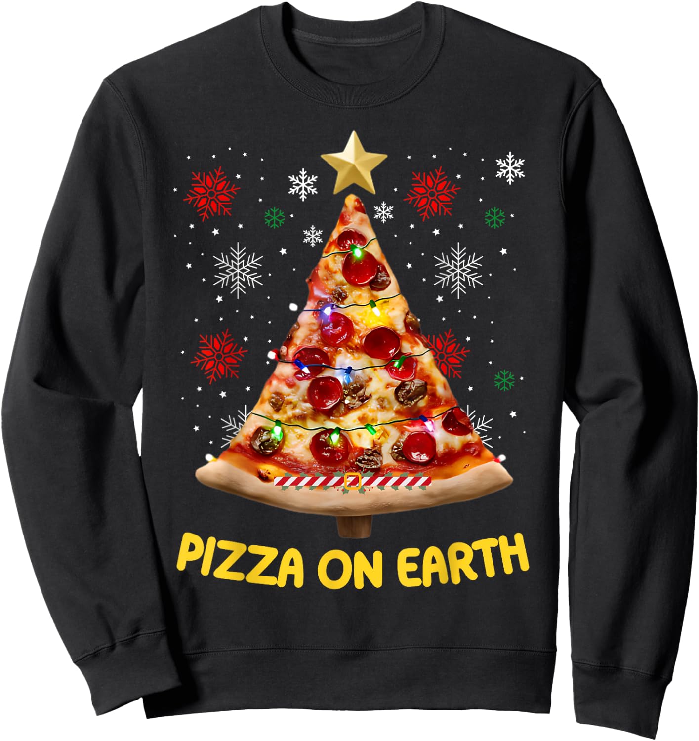 Pizza on Earth Christmas Tree Funny Xmas Pizza Fast Food Sweatshirt - Sweatshirt | Black