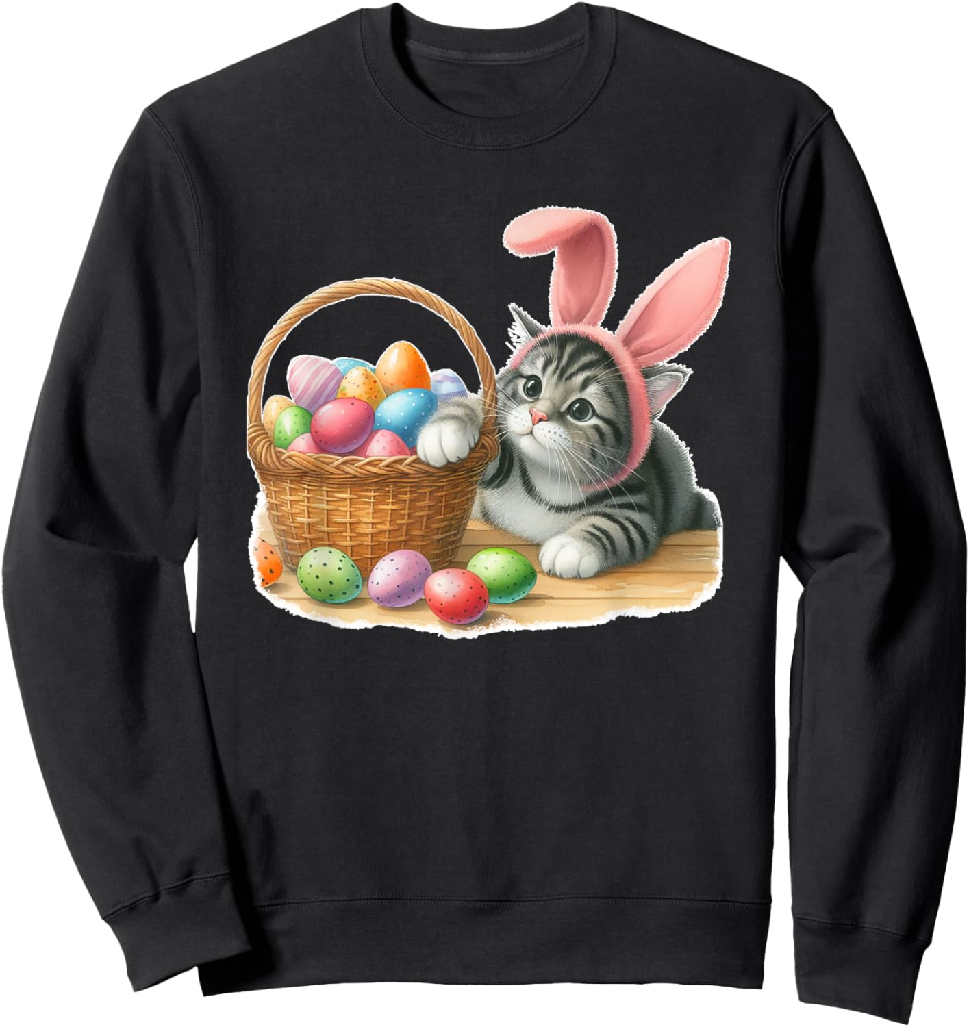 Cute Tabby Striped Gray Grey Kitten Rabbit Ears Easter Eggs Sweatshirt - Sweatshirt | Black