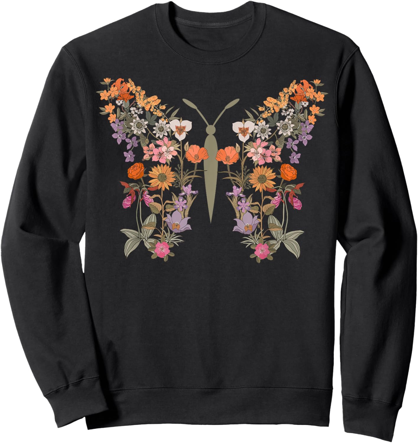 Women Boho Wildflower Summer Flowers Butterfly Shape Graphic Sweatshirt - Sweatshirt | Black
