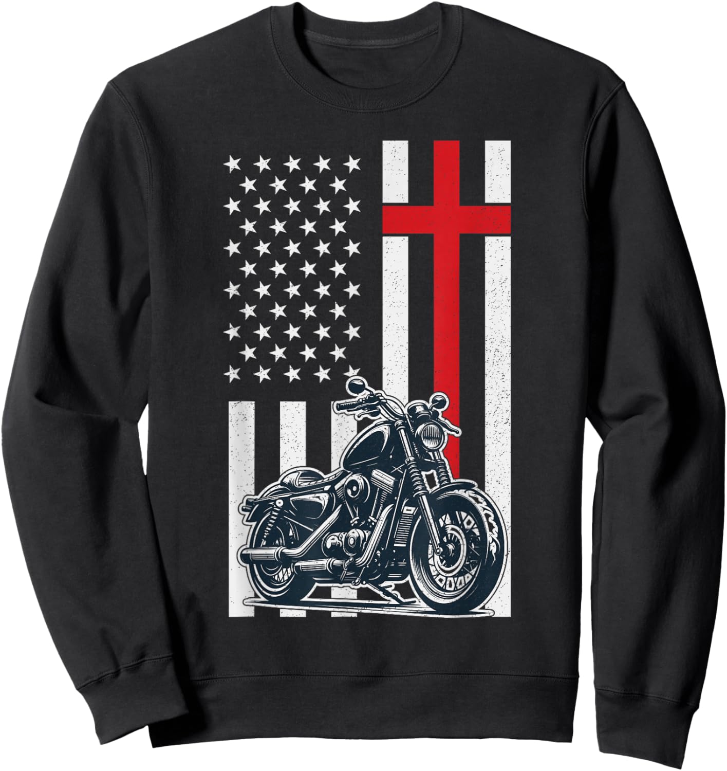 Christian Biker Motorcycle American Flag Cross Sweatshirt - Sweatshirt | Black