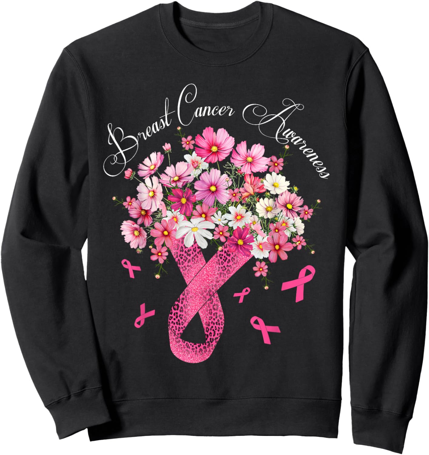 Breast Cancer Awareness Fighter Survivor Floral Pink Ribbon Sweatshirt - Sweatshirt | Black