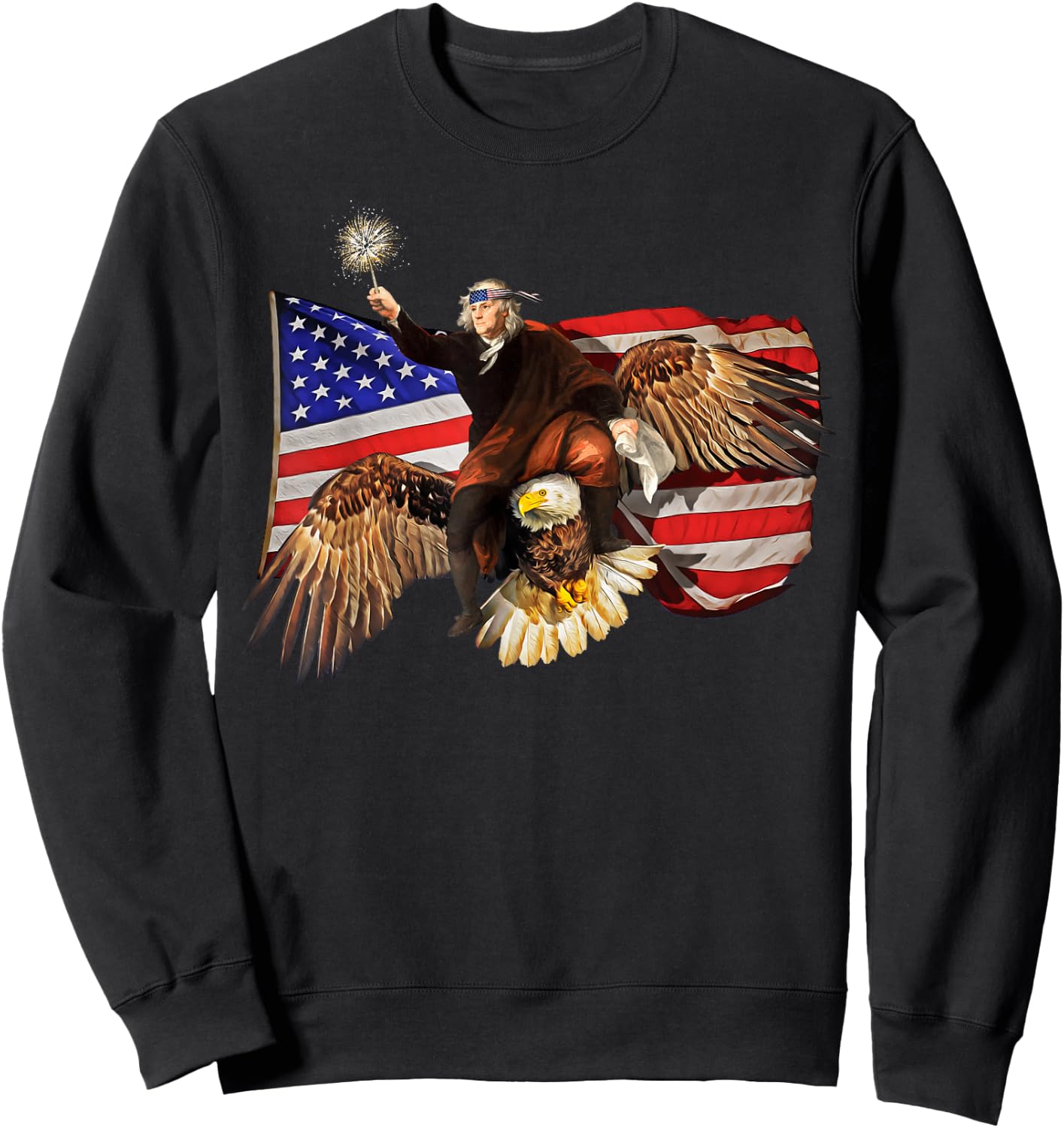 Ben Franklin Riding Eagle Shirt Funny July 4th American Flag Sweatshirt - Sweatshirt | Black